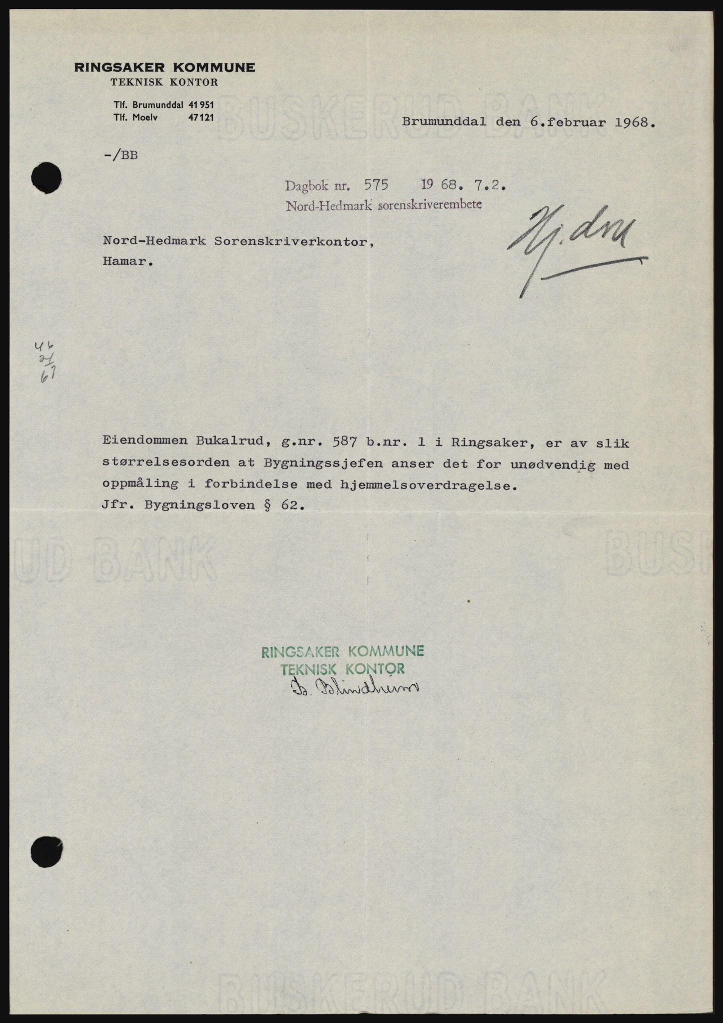 Nord-Hedmark sorenskriveri, SAH/TING-012/H/Hc/L0027: Mortgage book no. 27, 1967-1968, Diary no: : 575/1968
