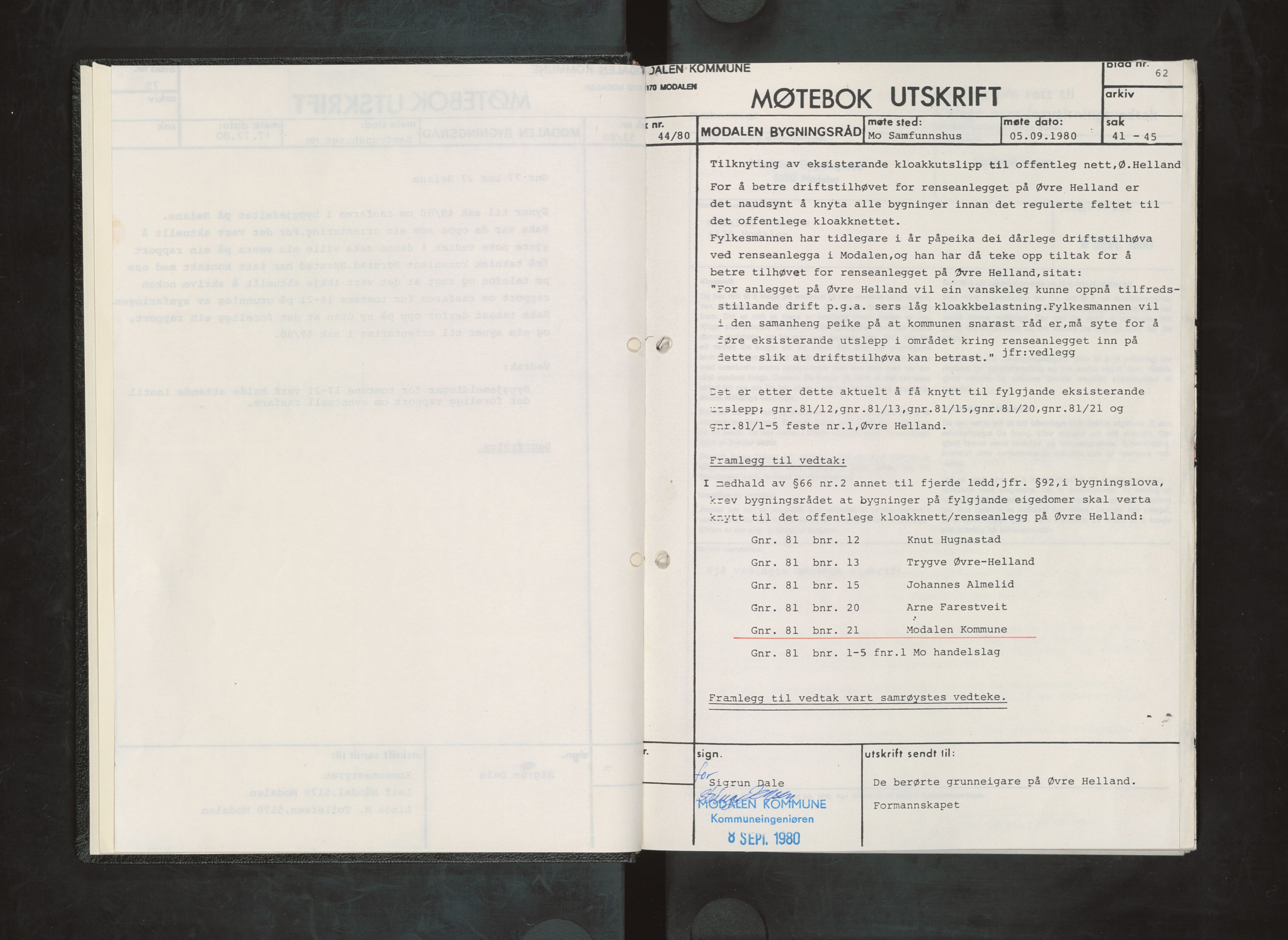 Modalen kommune. Bygningsrådet, IKAH/1252-511/A/Aa/L0001: Møtebok for Modalen bygningsråd, 1980-1984