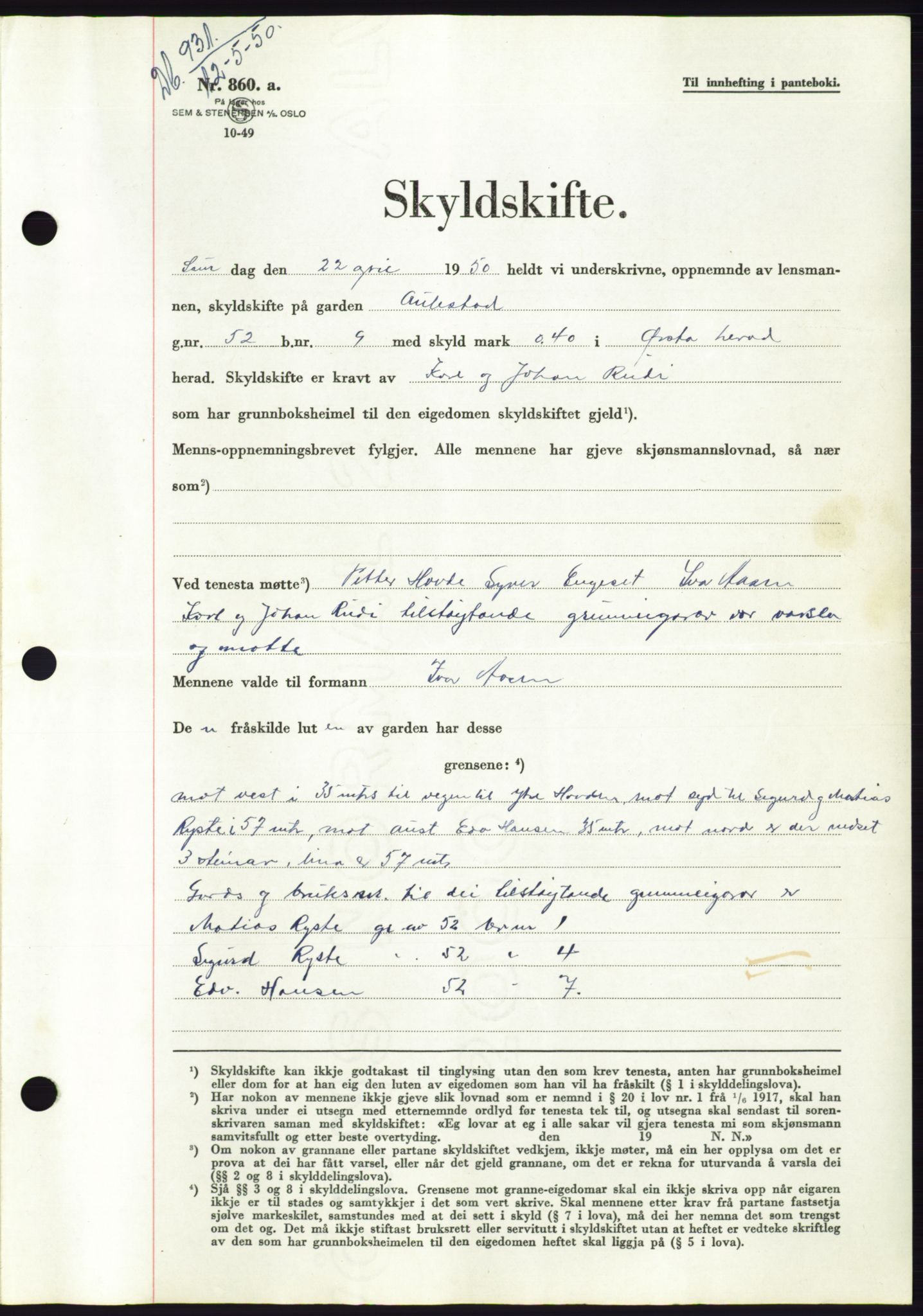 Søre Sunnmøre sorenskriveri, AV/SAT-A-4122/1/2/2C/L0086: Mortgage book no. 12A, 1949-1950, Diary no: : 931/1950