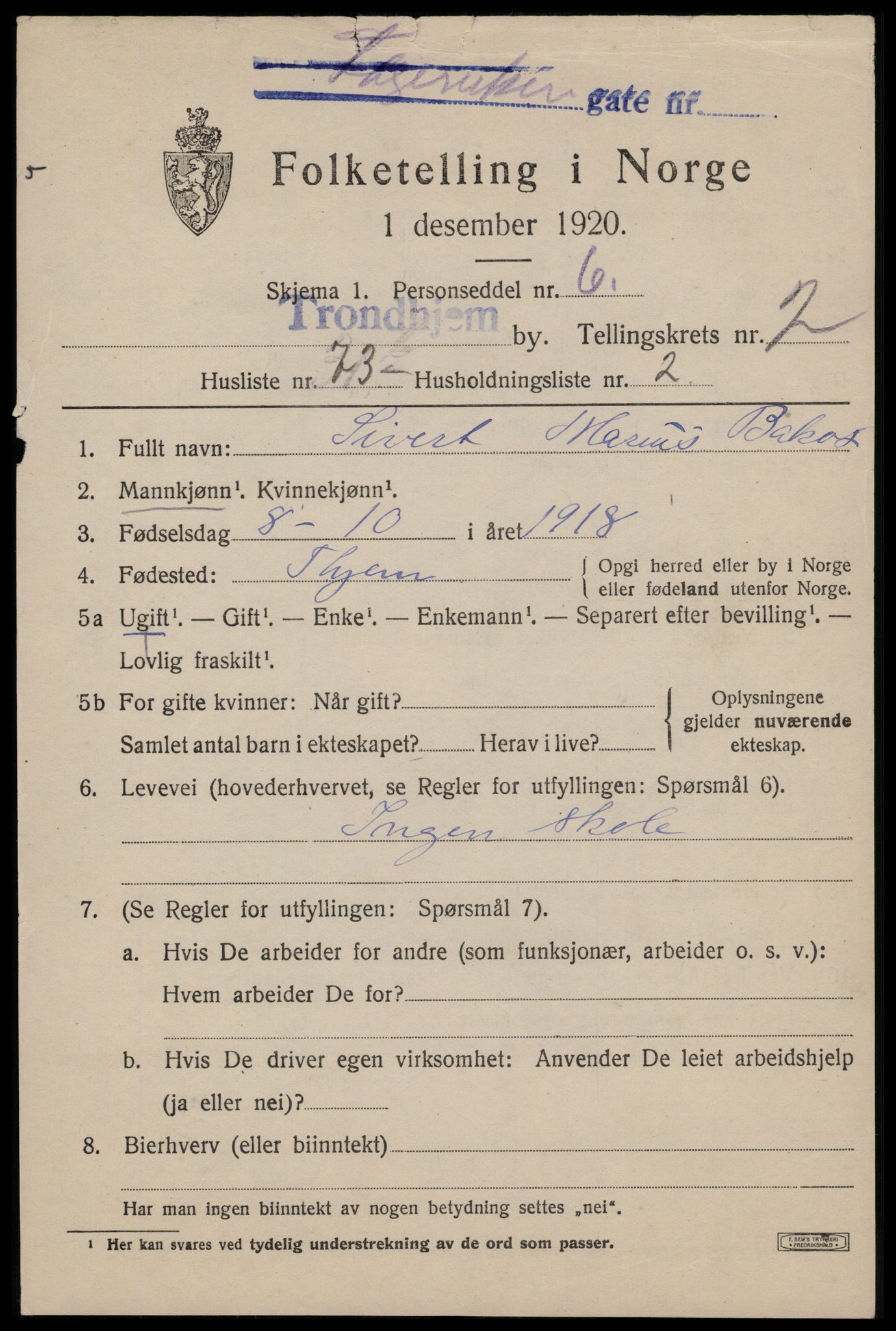 SAT, 1920 census for Trondheim, 1920, p. 35562