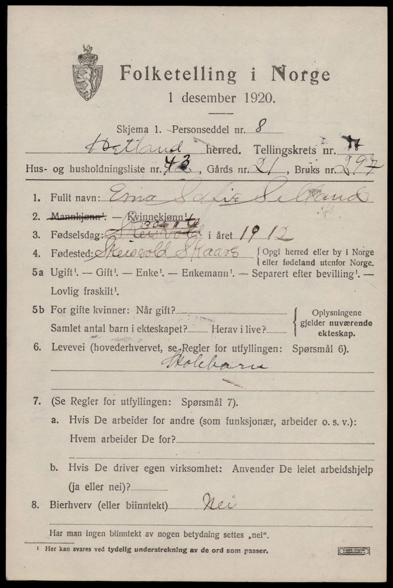 SAST, 1920 census for Hetland, 1920, p. 14445