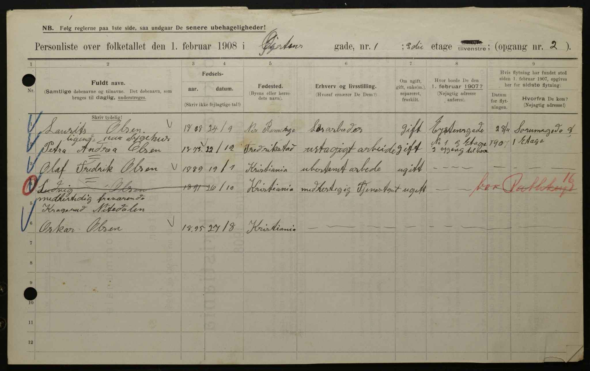 OBA, Municipal Census 1908 for Kristiania, 1908, p. 116982