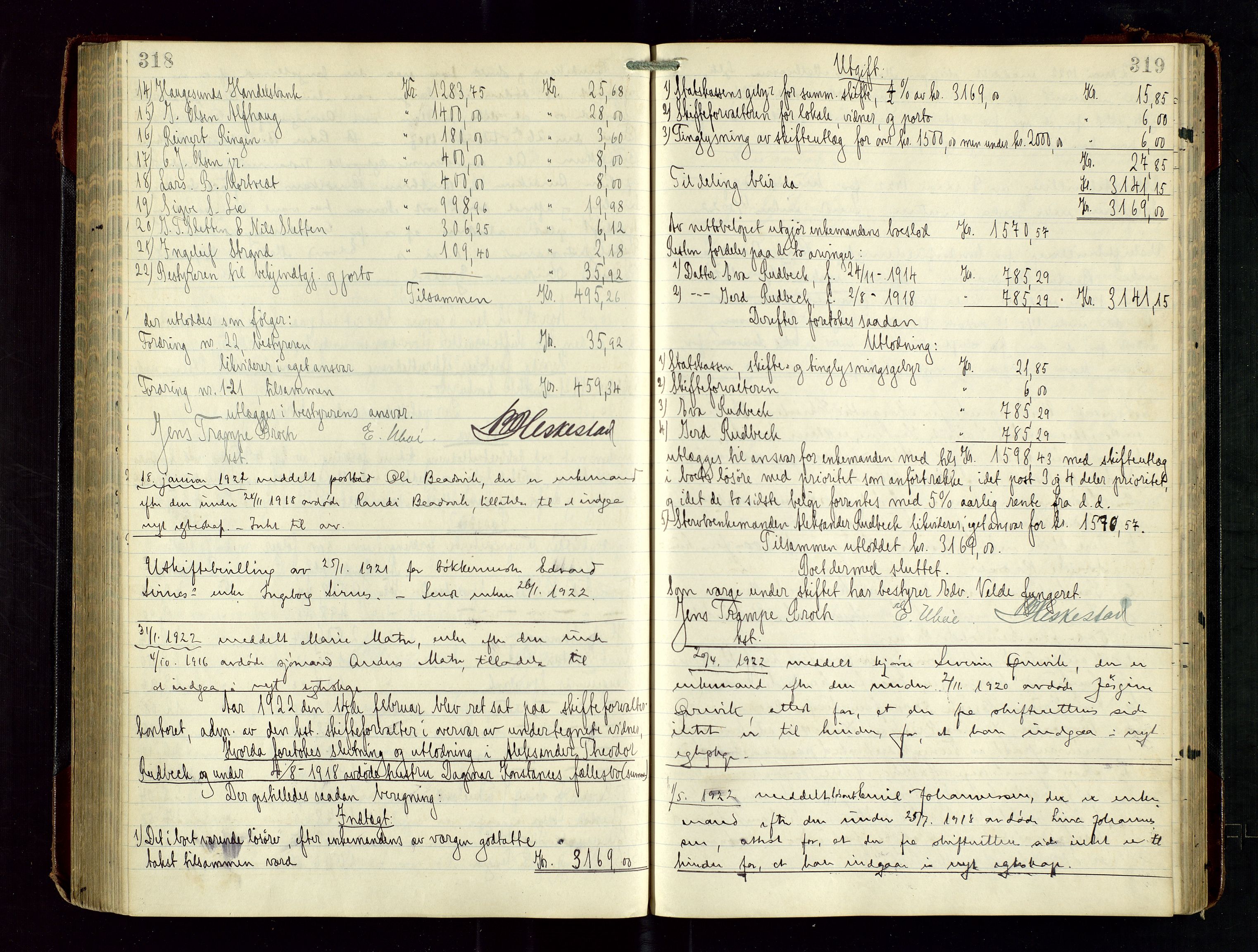 Haugesund tingrett, SAST/A-101415/01/IV/IVD/L0003: Skifteutlodningsprotokoll, med register, 1915-1924, p. 318-319