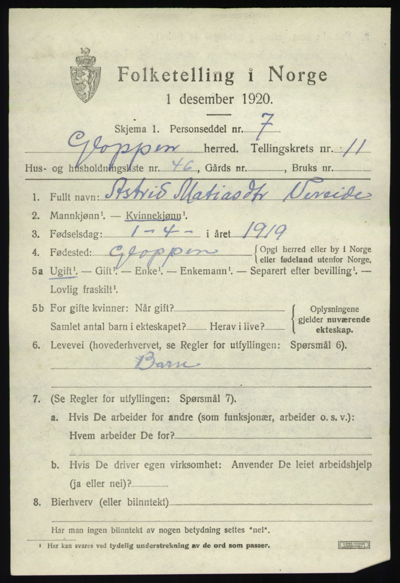 SAB, 1920 census for Gloppen, 1920, p. 6062