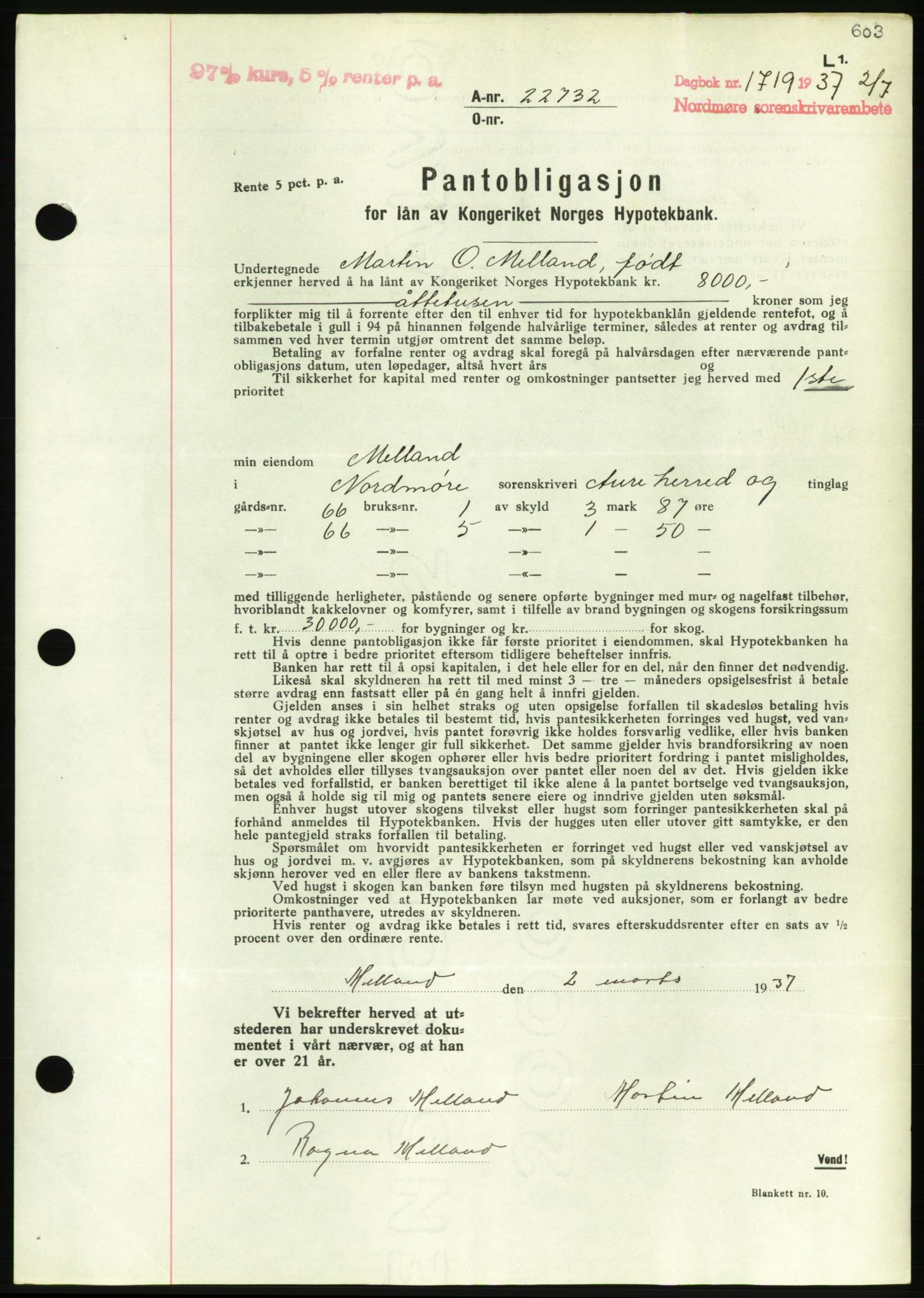 Nordmøre sorenskriveri, AV/SAT-A-4132/1/2/2Ca/L0091: Mortgage book no. B81, 1937-1937, Diary no: : 1719/1937