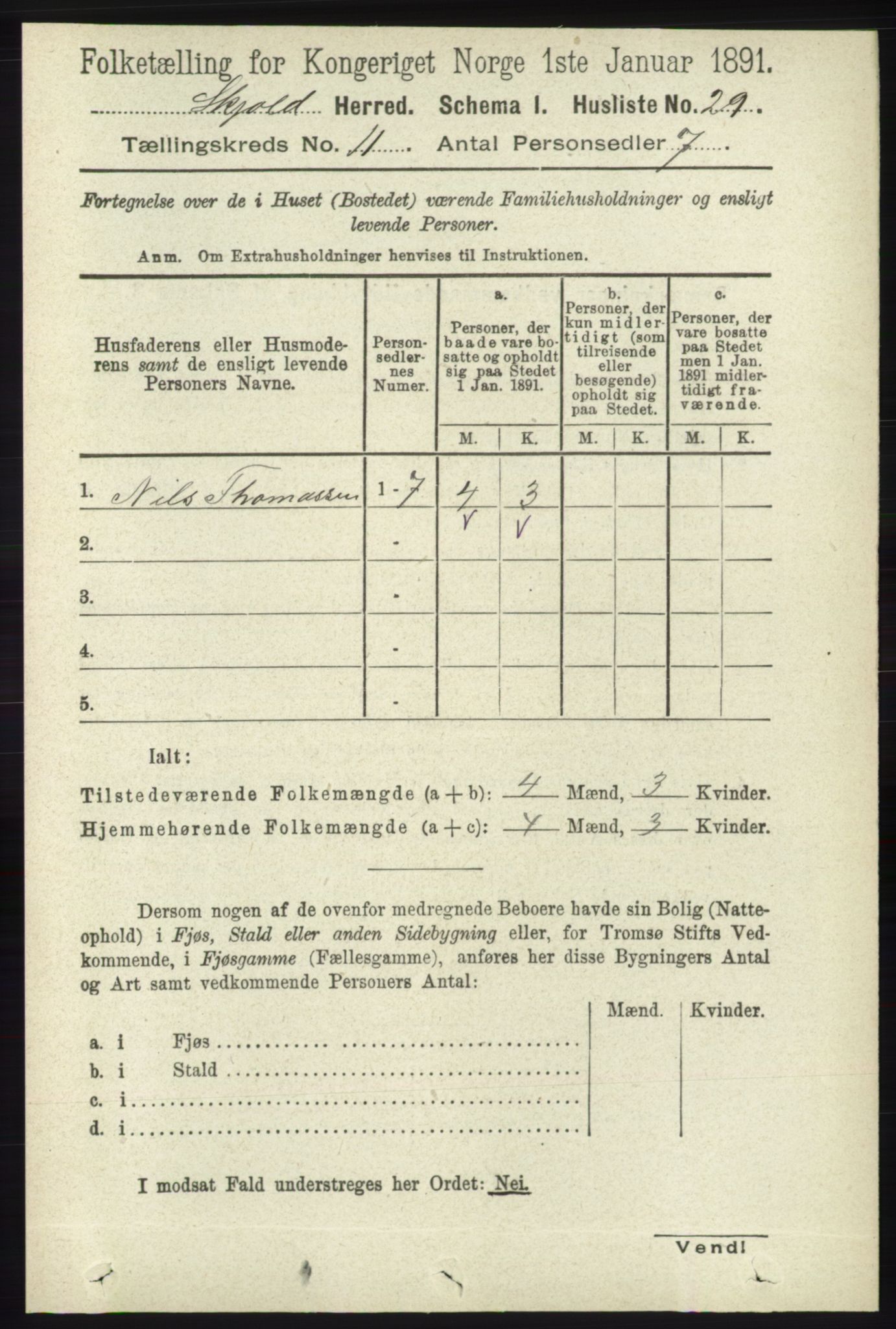 RA, 1891 census for 1154 Skjold, 1891, p. 2064