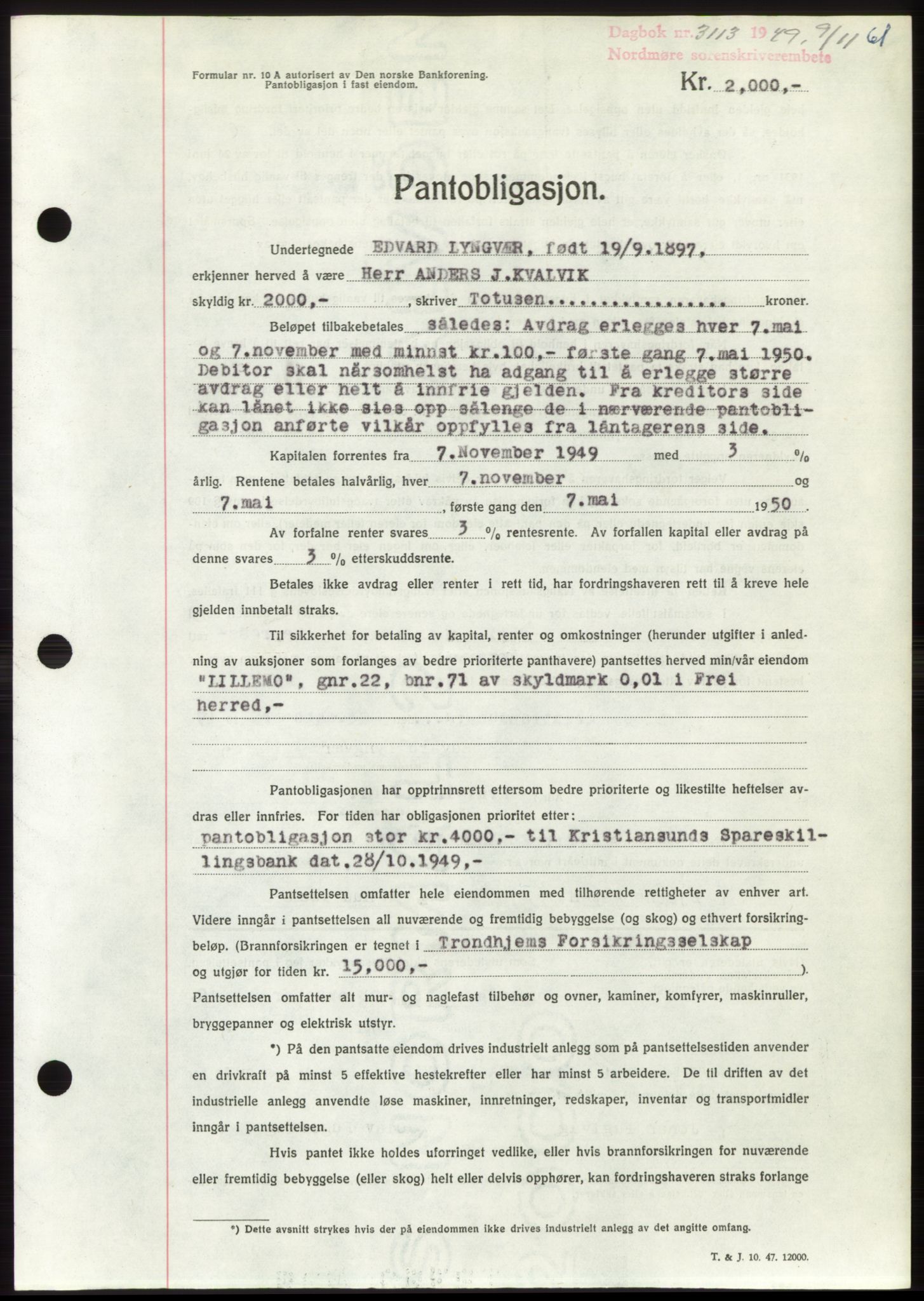 Nordmøre sorenskriveri, AV/SAT-A-4132/1/2/2Ca: Mortgage book no. B103, 1949-1950, Diary no: : 3113/1949