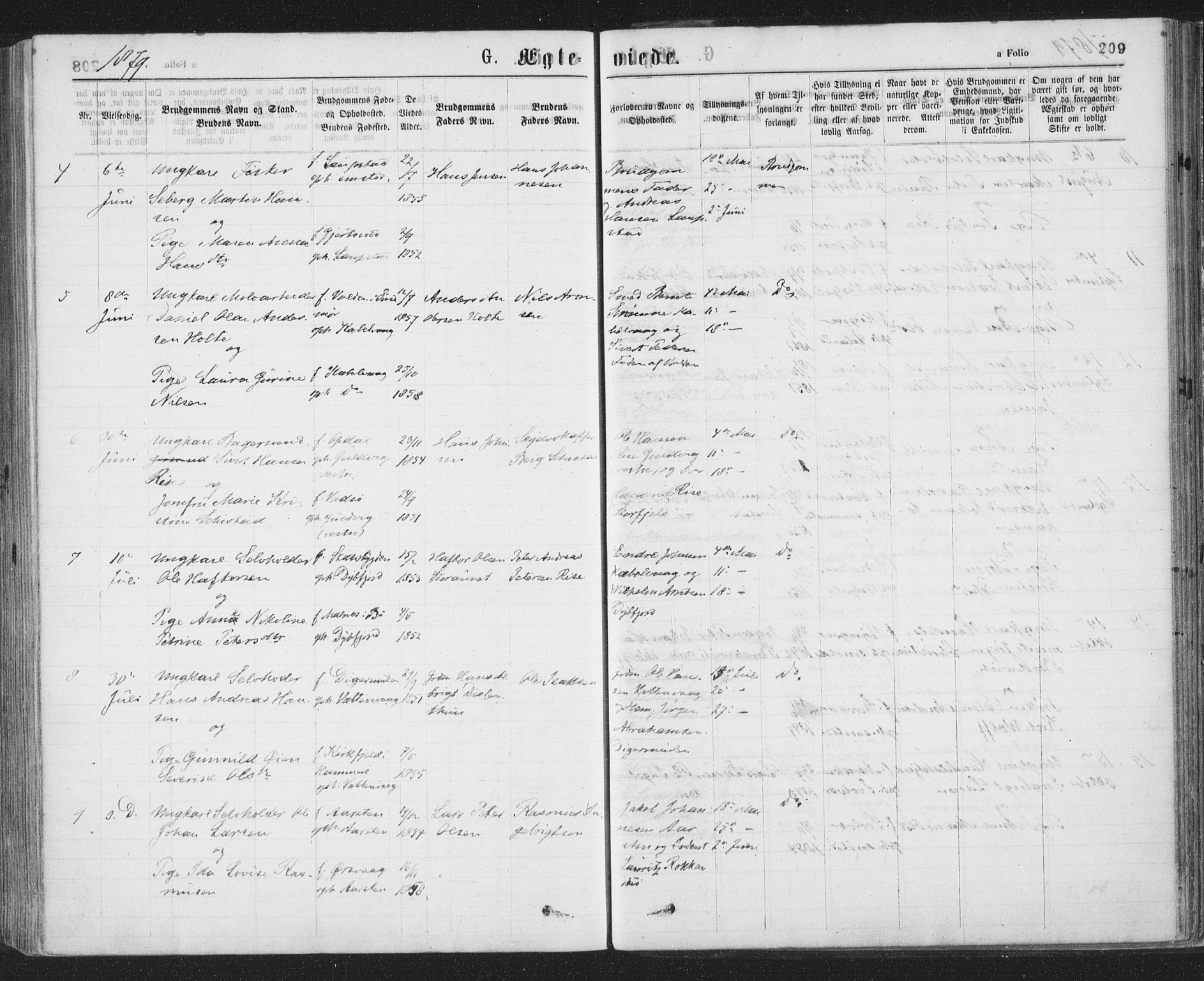 Ministerialprotokoller, klokkerbøker og fødselsregistre - Nordland, AV/SAT-A-1459/874/L1058: Parish register (official) no. 874A02, 1878-1883, p. 209