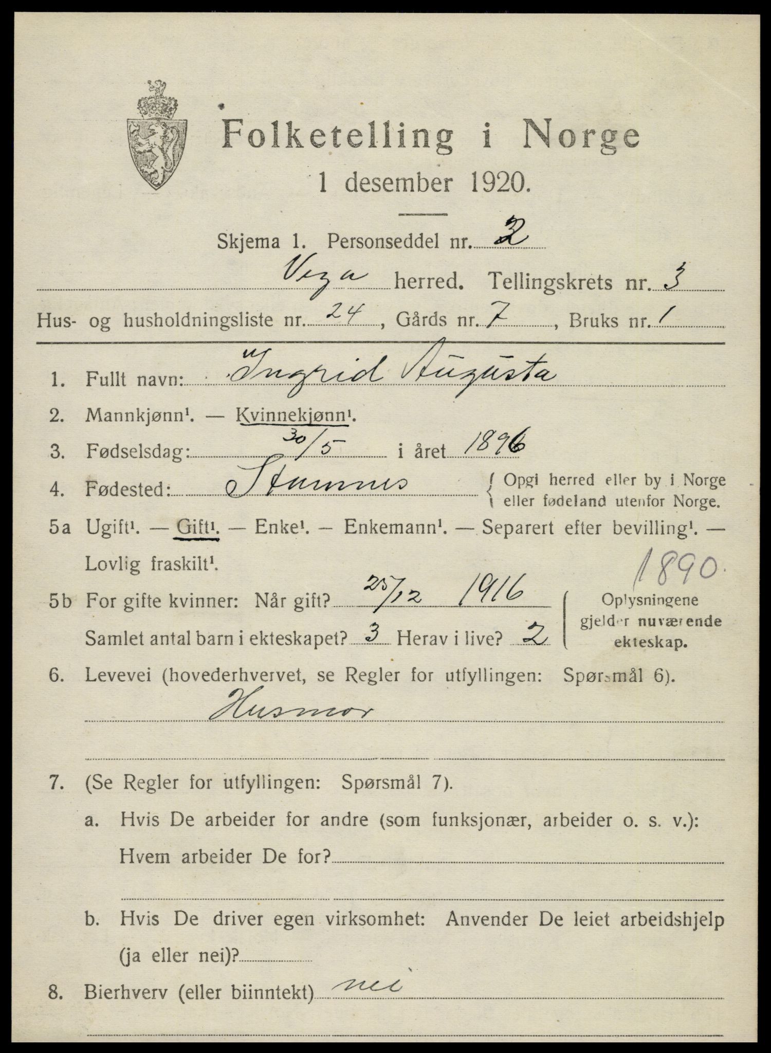 SAT, 1920 census for Vega, 1920, p. 1919