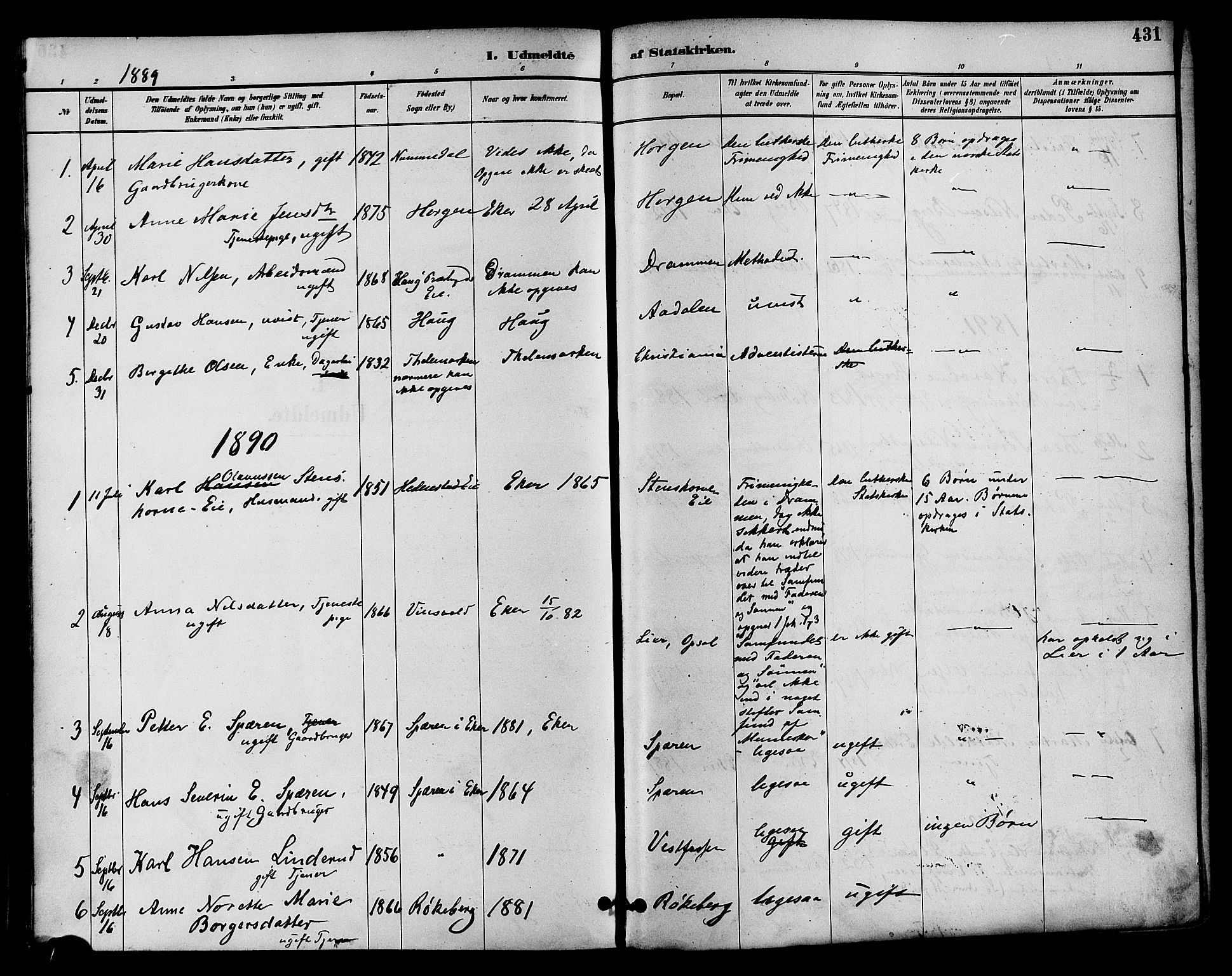Eiker kirkebøker, SAKO/A-4/F/Fb/L0002: Parish register (official) no. II 2, 1889-1896, p. 431