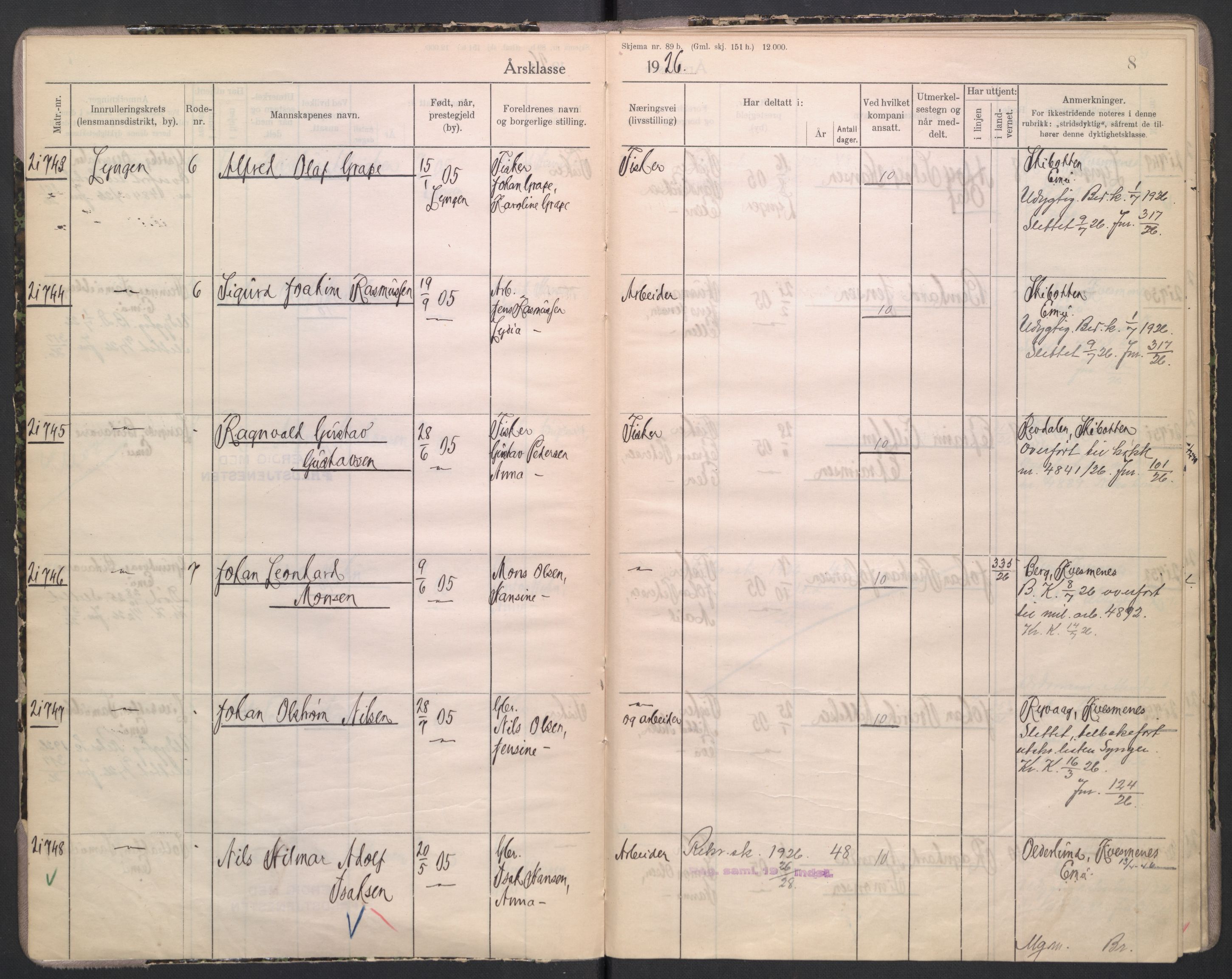 Forsvaret, Troms infanteriregiment nr. 16, AV/RA-RAFA-3146/P/Pa/L0004/0002: Ruller / Rulle for Lyngen bataljons menige mannskaper, årsklasse 1926, 1926, p. 8