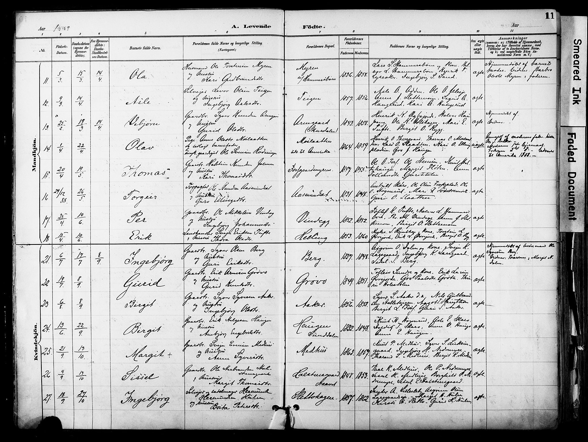Hol kirkebøker, SAKO/A-227/F/Fa/L0003: Parish register (official) no. I 3, 1887-1918, p. 11