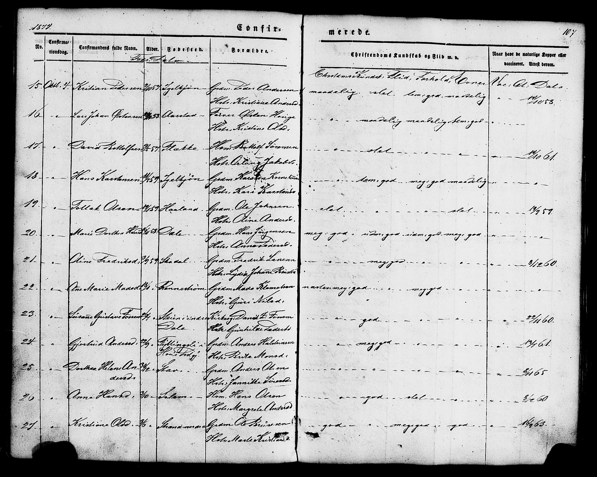 Fjaler sokneprestembete, SAB/A-79801/H/Haa/Haaa/L0008: Parish register (official) no. A 8, 1850-1886, p. 107