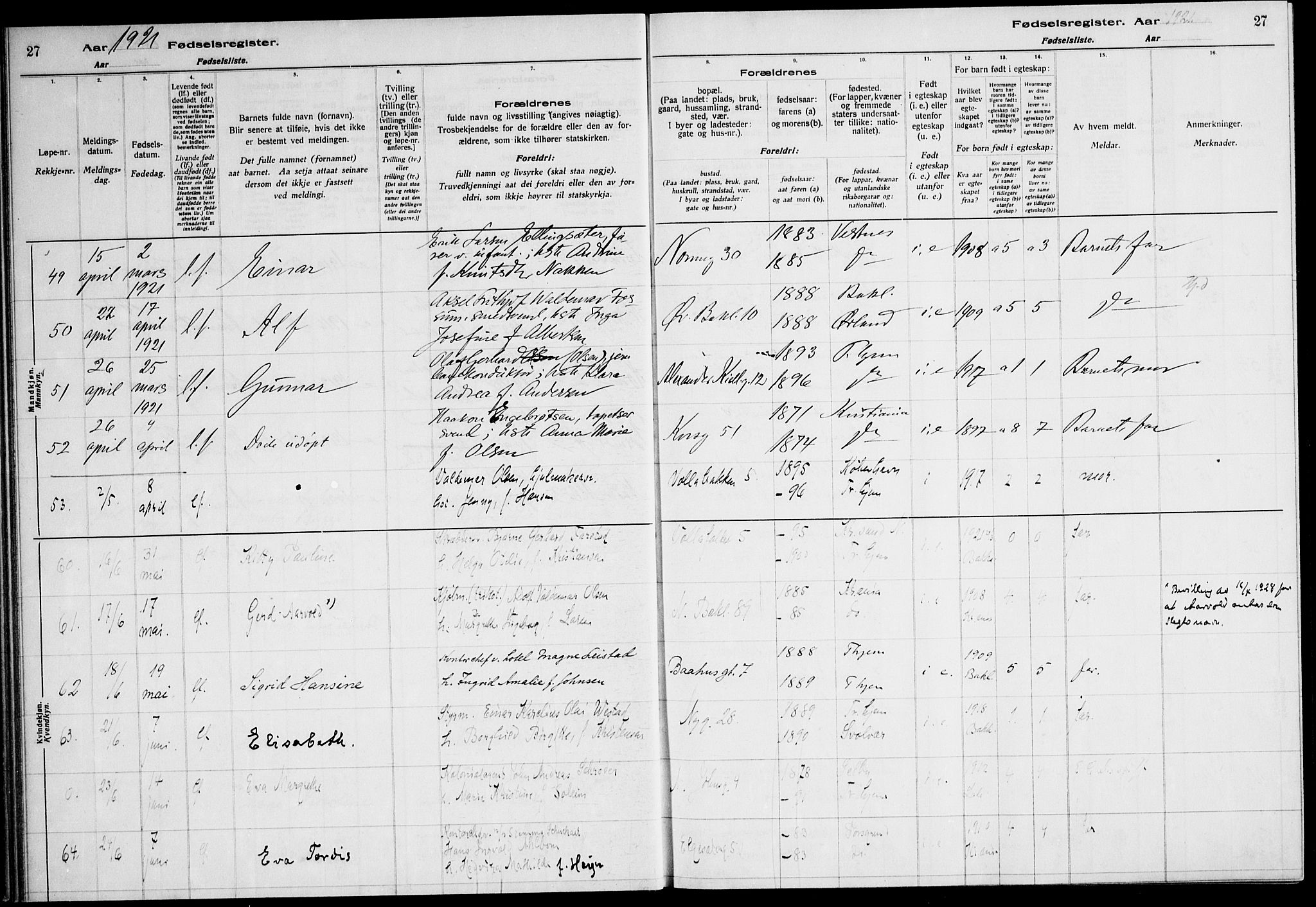 Ministerialprotokoller, klokkerbøker og fødselsregistre - Sør-Trøndelag, AV/SAT-A-1456/604/L0233: Birth register no. 604.II.4.2, 1920-1928, p. 27