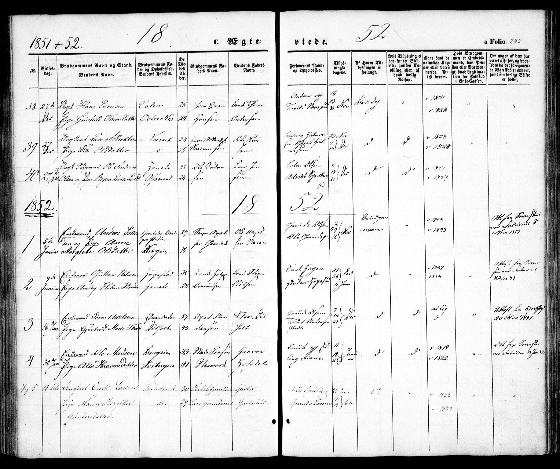 Holt sokneprestkontor, SAK/1111-0021/F/Fa/L0008: Parish register (official) no. A 8, 1849-1860, p. 245