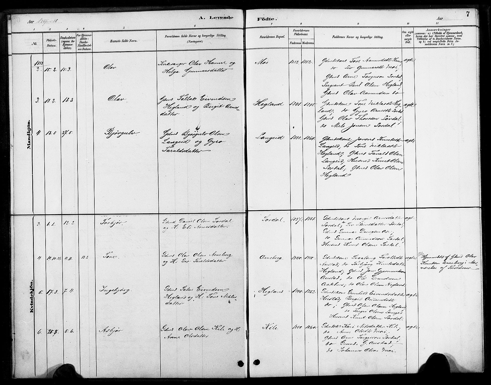 Bygland sokneprestkontor, AV/SAK-1111-0006/F/Fa/Faa/L0001: Parish register (official) no. A 1, 1885-1908, p. 7