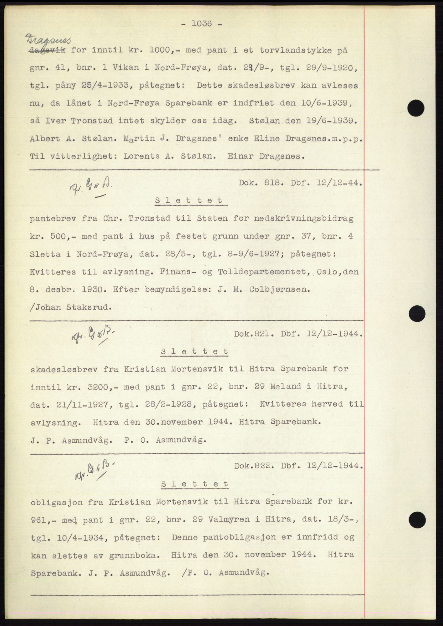 Hitra sorenskriveri, AV/SAT-A-0018/2/2C/2Ca: Mortgage book no. C1, 1936-1945, Diary no: : 818/1944