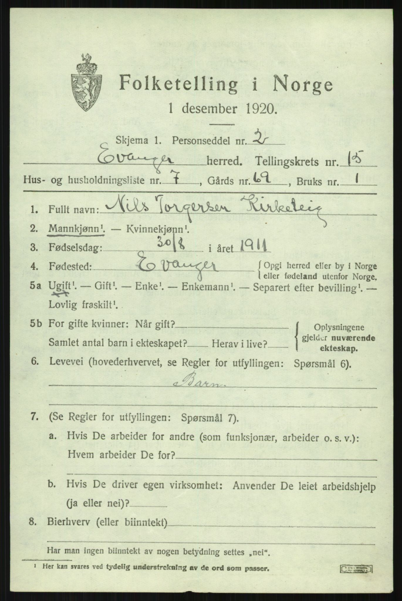 SAB, 1920 census for Evanger, 1920, p. 4201