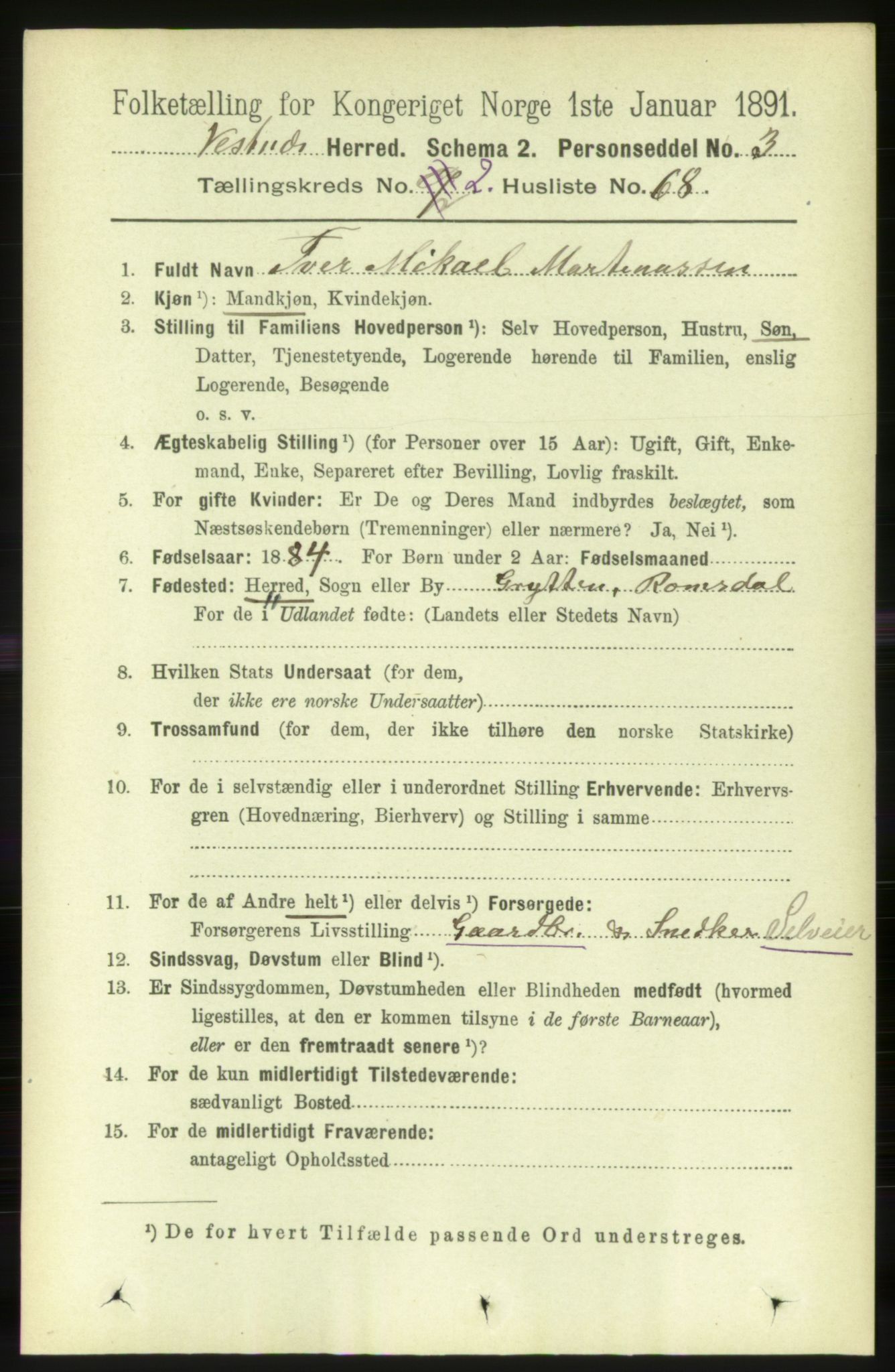 RA, 1891 census for 1535 Vestnes, 1891, p. 533