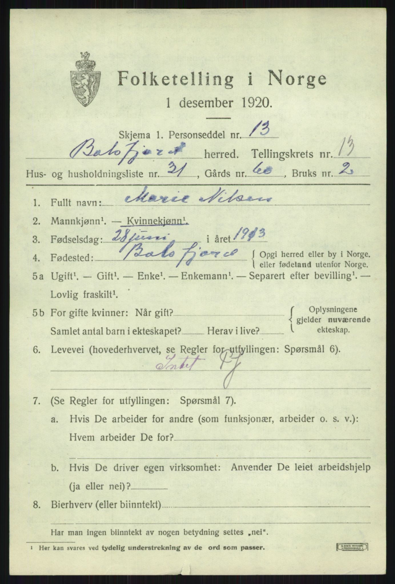 SATØ, 1920 census for Balsfjord, 1920, p. 8013