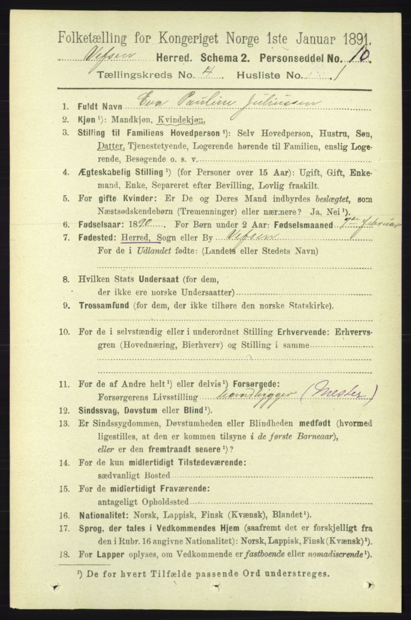 RA, 1891 census for 1824 Vefsn, 1891, p. 1630
