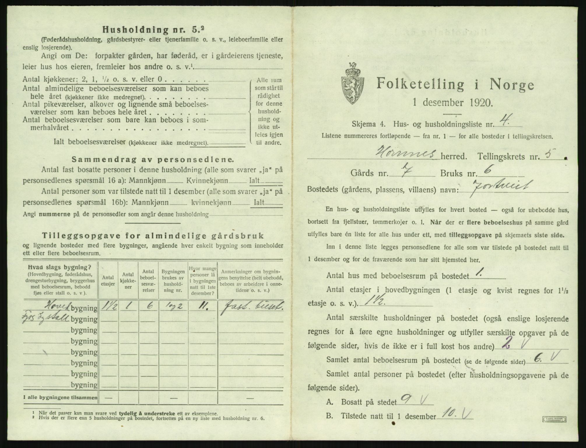 SAK, 1920 census for Hornnes, 1920, p. 211