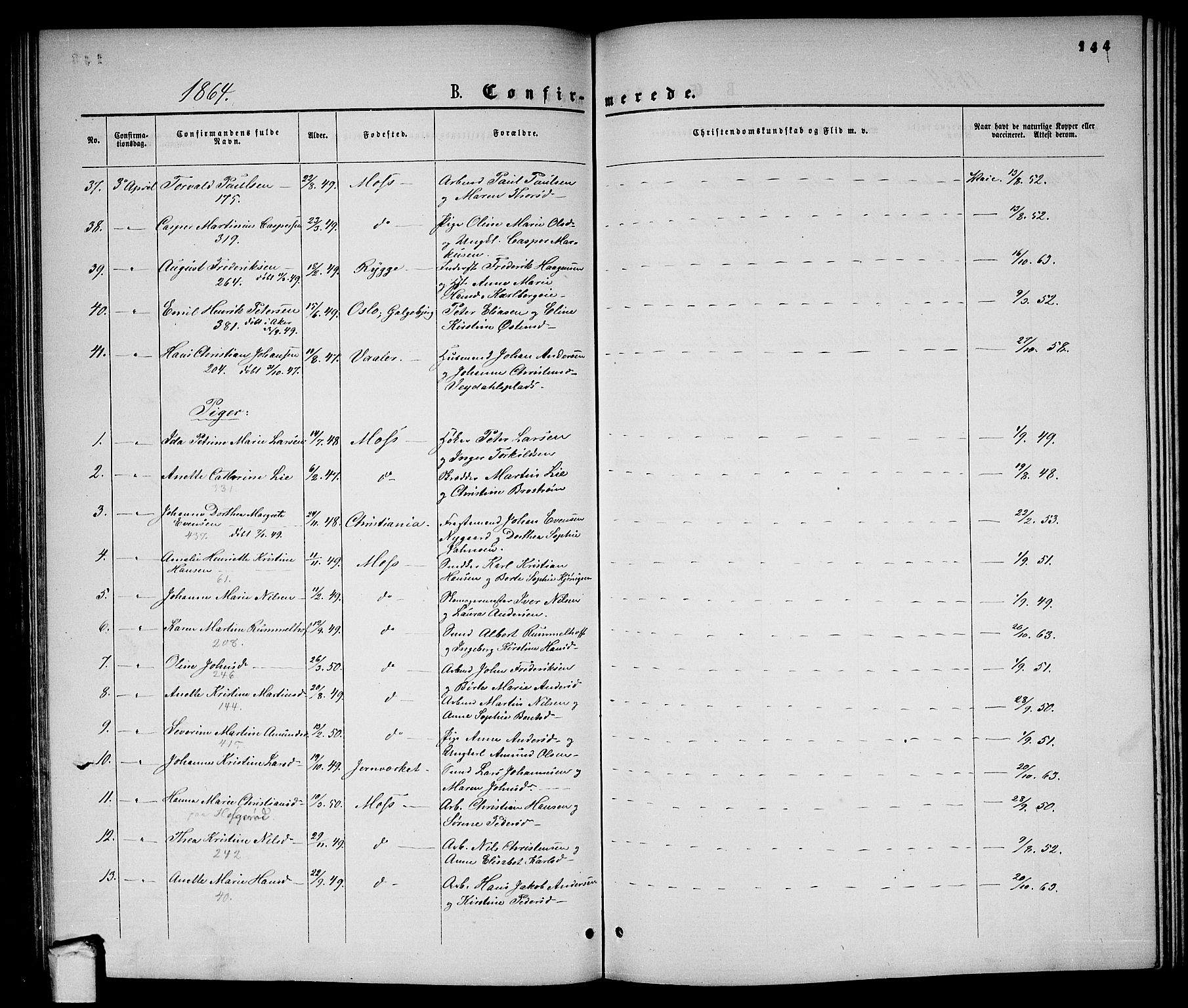 Moss prestekontor Kirkebøker, SAO/A-2003/G/Ga/L0003: Parish register (copy) no. I 3, 1861-1872, p. 144