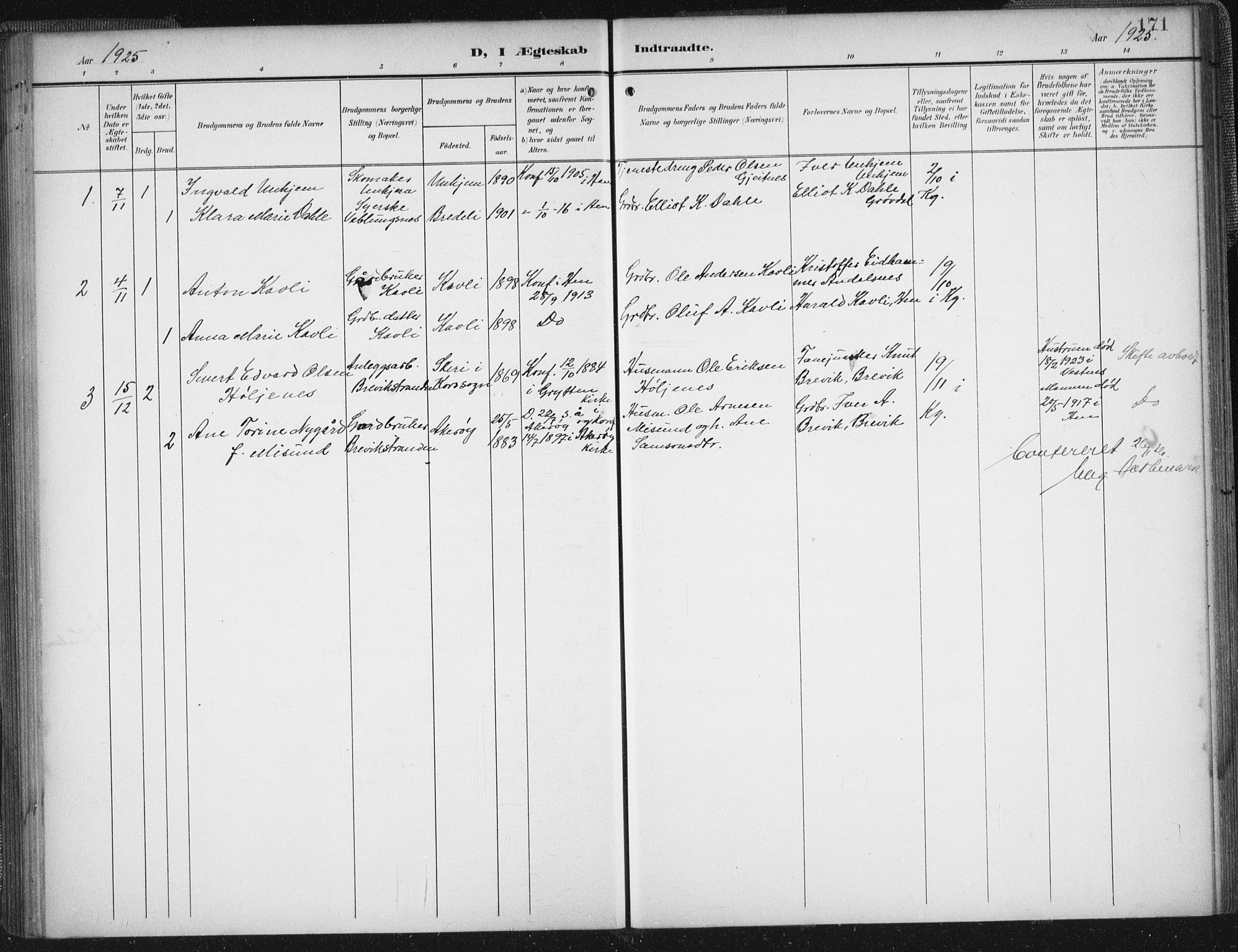 Ministerialprotokoller, klokkerbøker og fødselsregistre - Møre og Romsdal, SAT/A-1454/545/L0589: Parish register (copy) no. 545C03, 1902-1937, p. 171