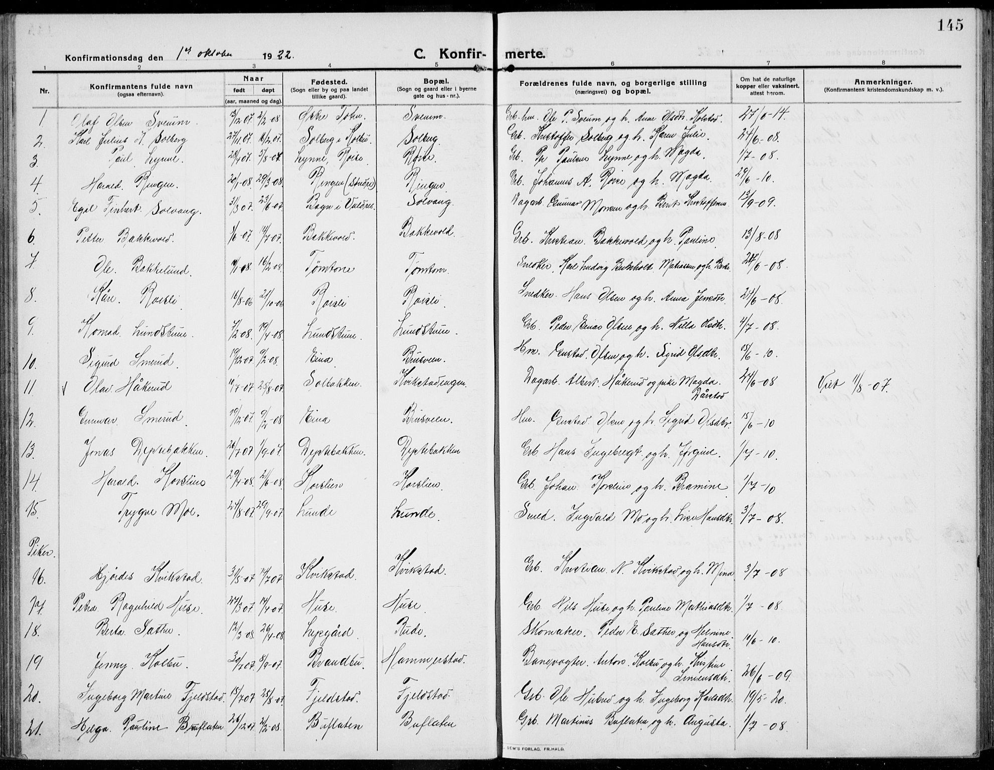Kolbu prestekontor, SAH/PREST-110/H/Ha/Haa/L0002: Parish register (official) no. 2, 1912-1926, p. 145