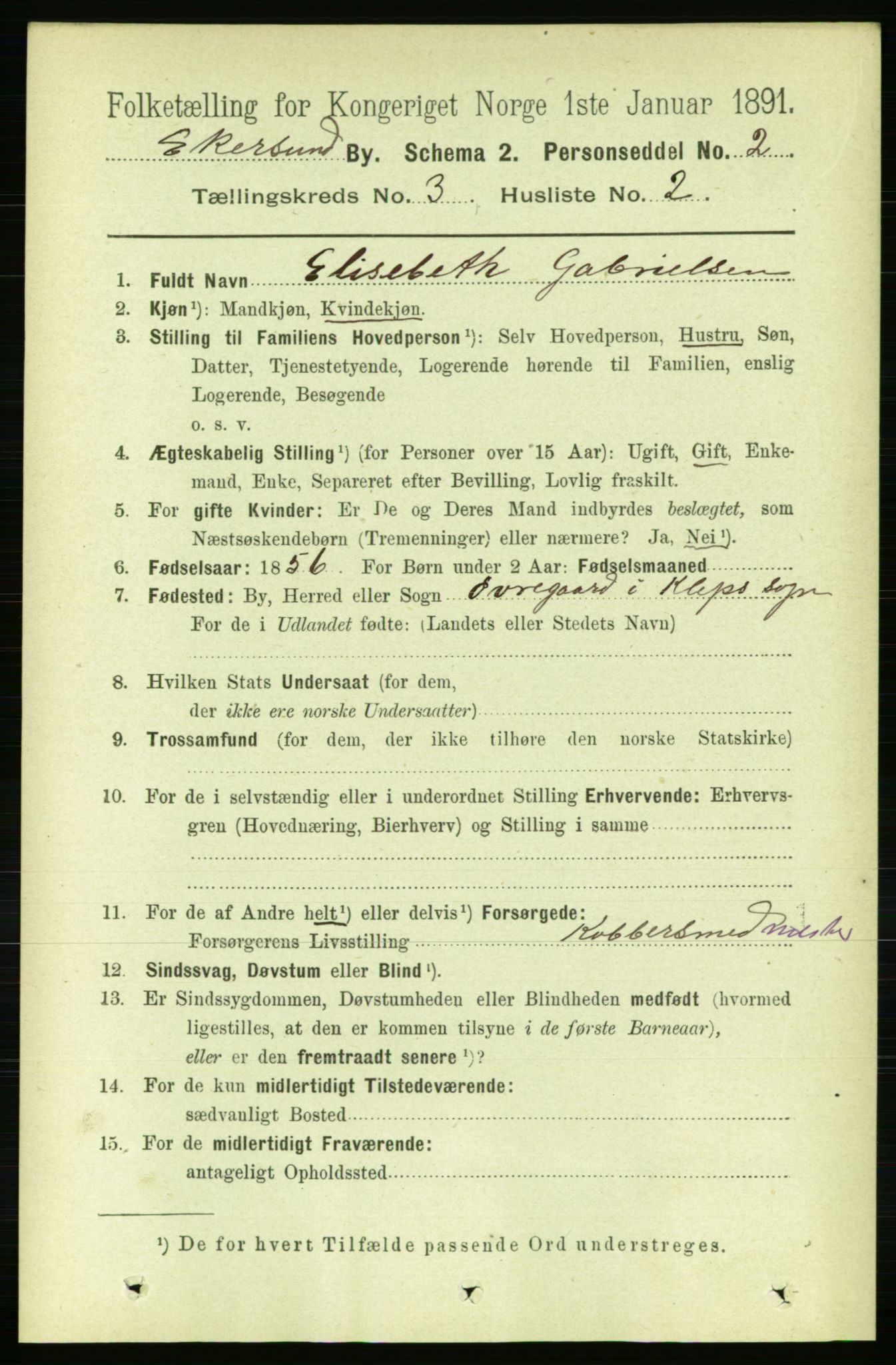 RA, 1891 census for 1101 Egersund, 1891, p. 412