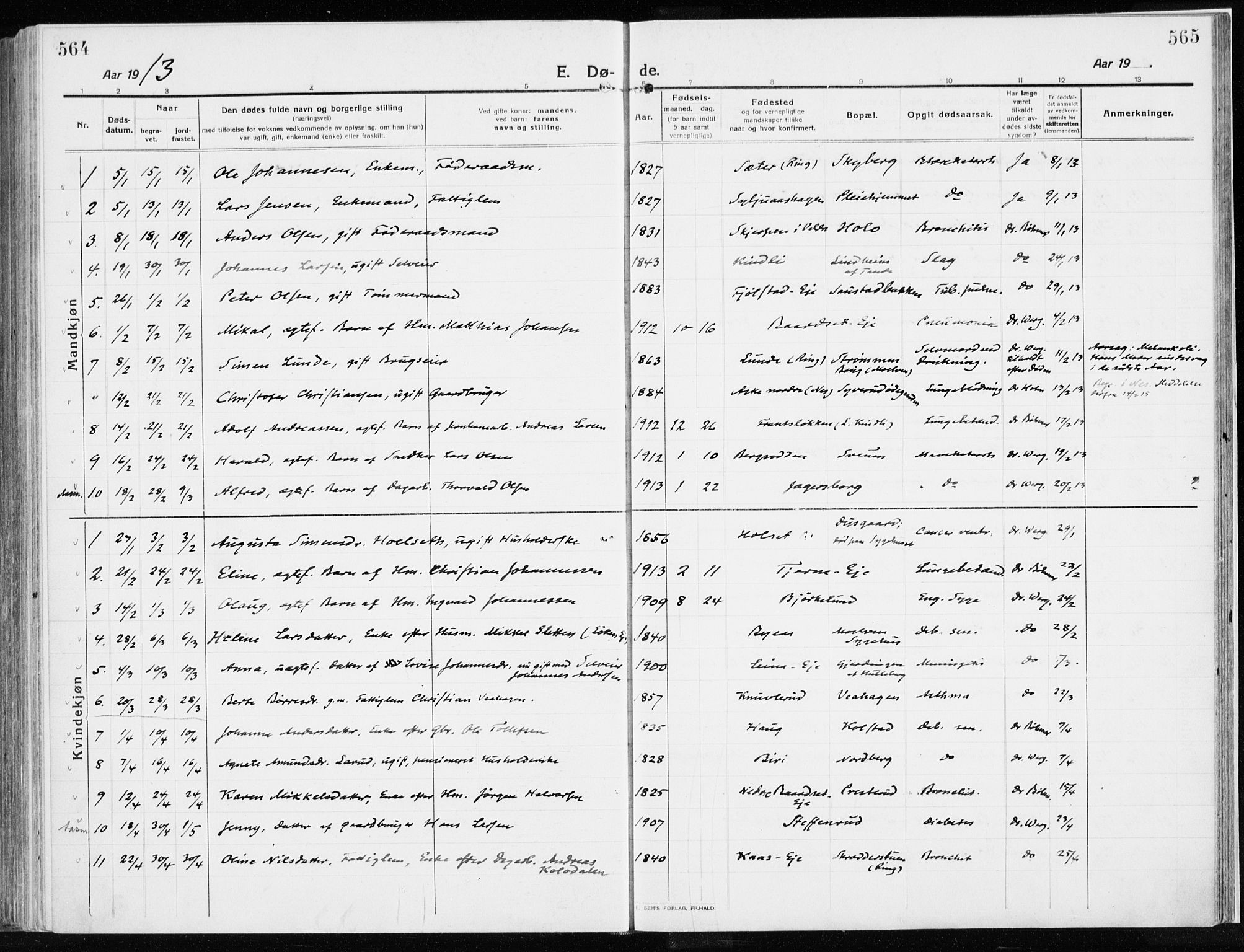 Ringsaker prestekontor, AV/SAH-PREST-014/K/Ka/L0020: Parish register (official) no. 20, 1913-1922, p. 564-565