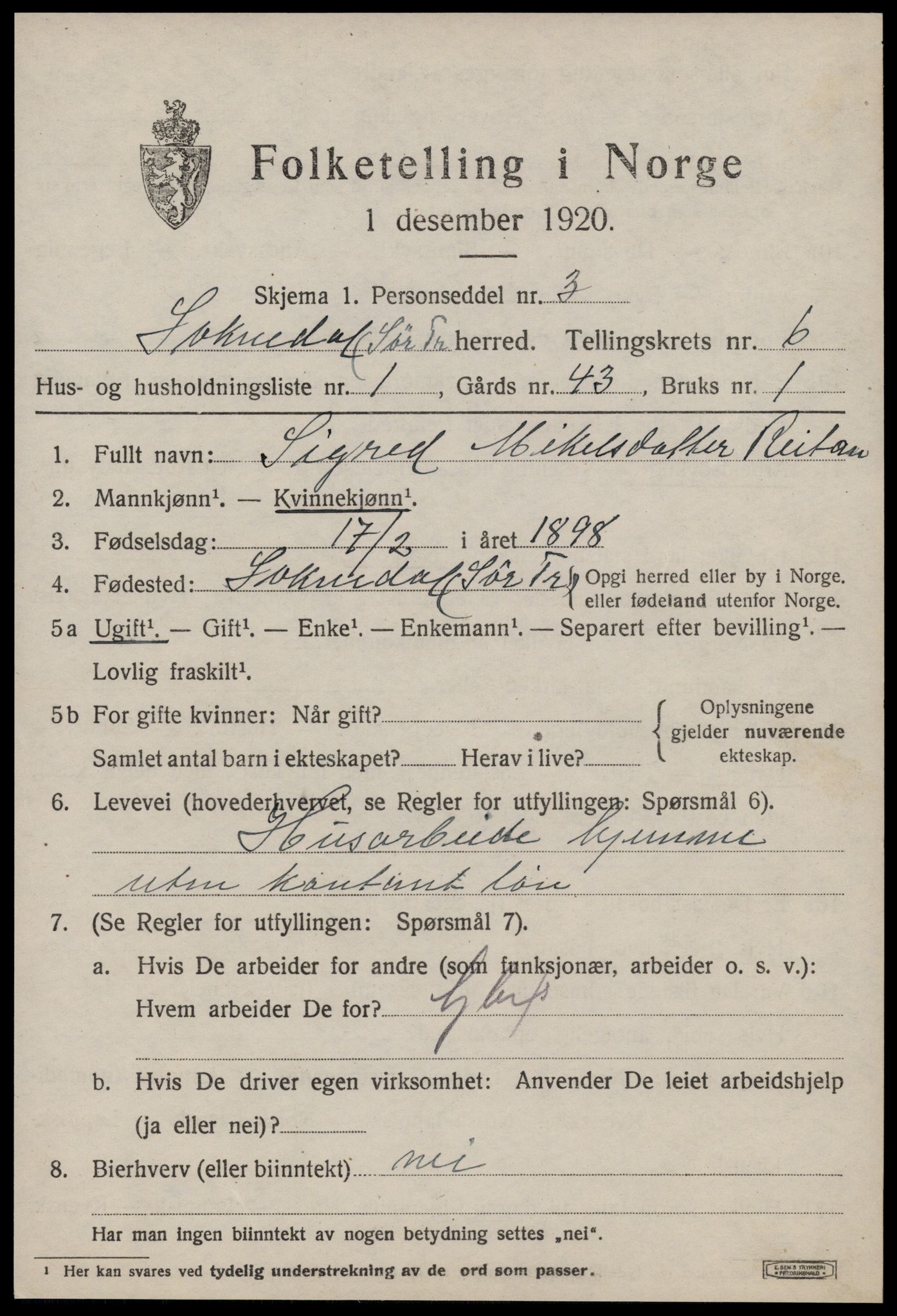 SAT, 1920 census for Soknedal, 1920, p. 3058