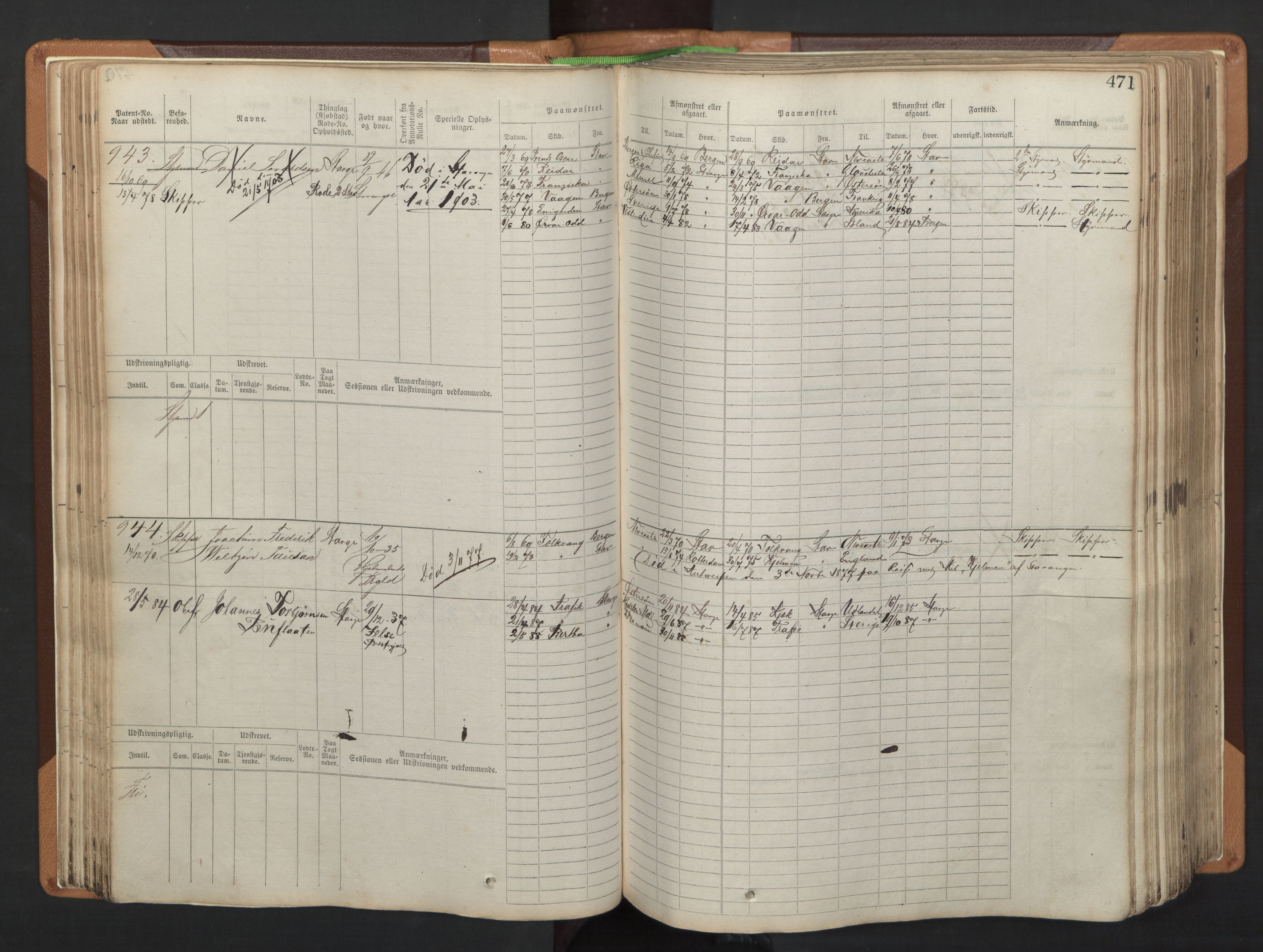 Stavanger sjømannskontor, AV/SAST-A-102006/F/Fb/Fbb/L0005: Sjøfartshovedrulle, patentnr. 793-1606 (del 2), 1869-1880, p. 81