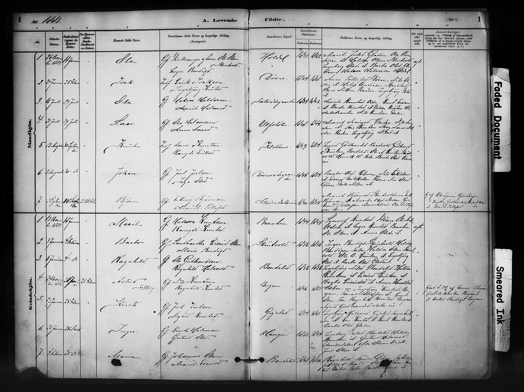 Nord-Aurdal prestekontor, AV/SAH-PREST-132/H/Ha/Haa/L0012: Parish register (official) no. 12, 1883-1895, p. 1