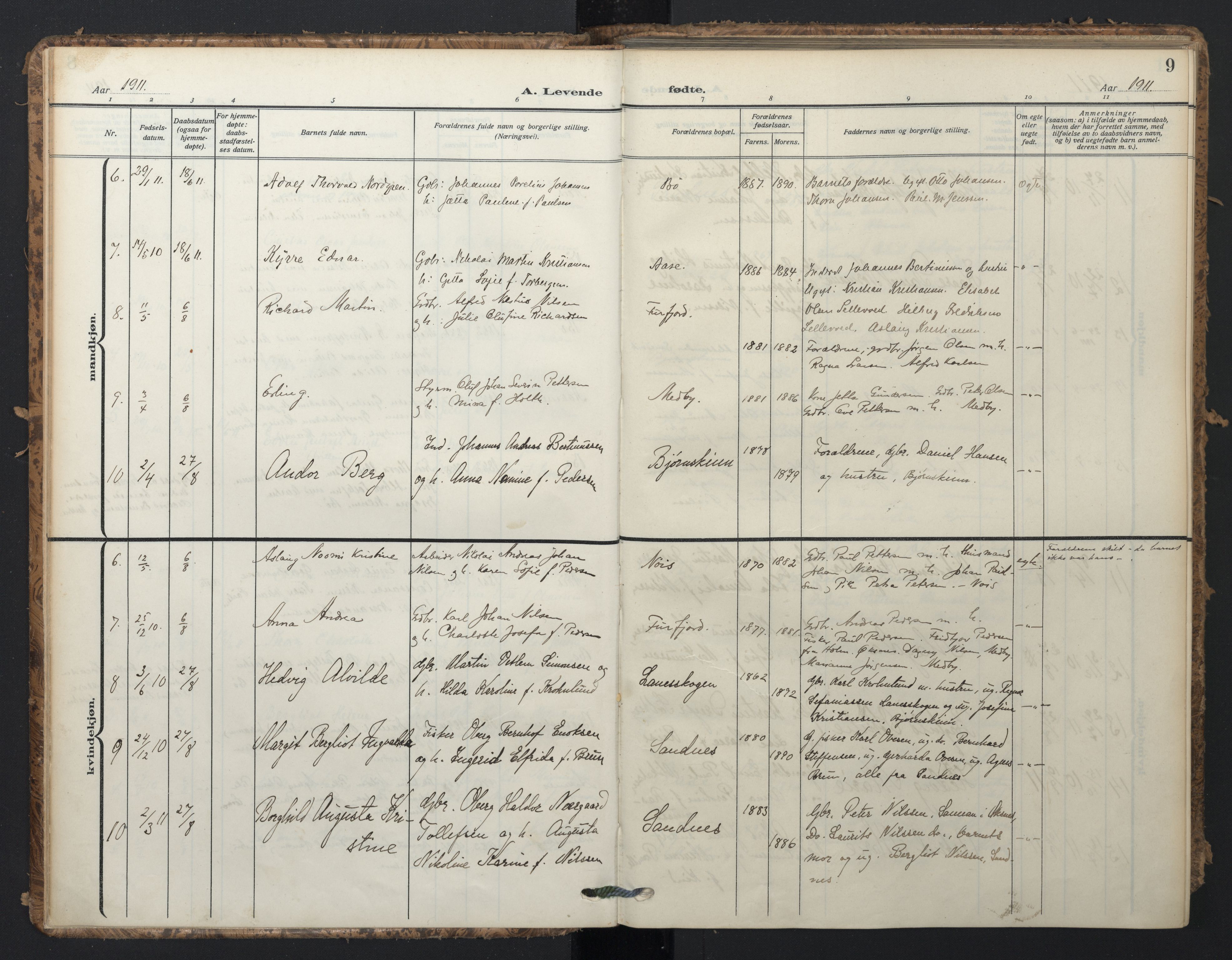 Ministerialprotokoller, klokkerbøker og fødselsregistre - Nordland, SAT/A-1459/898/L1423: Parish register (official) no. 898A03, 1909-1928, p. 9