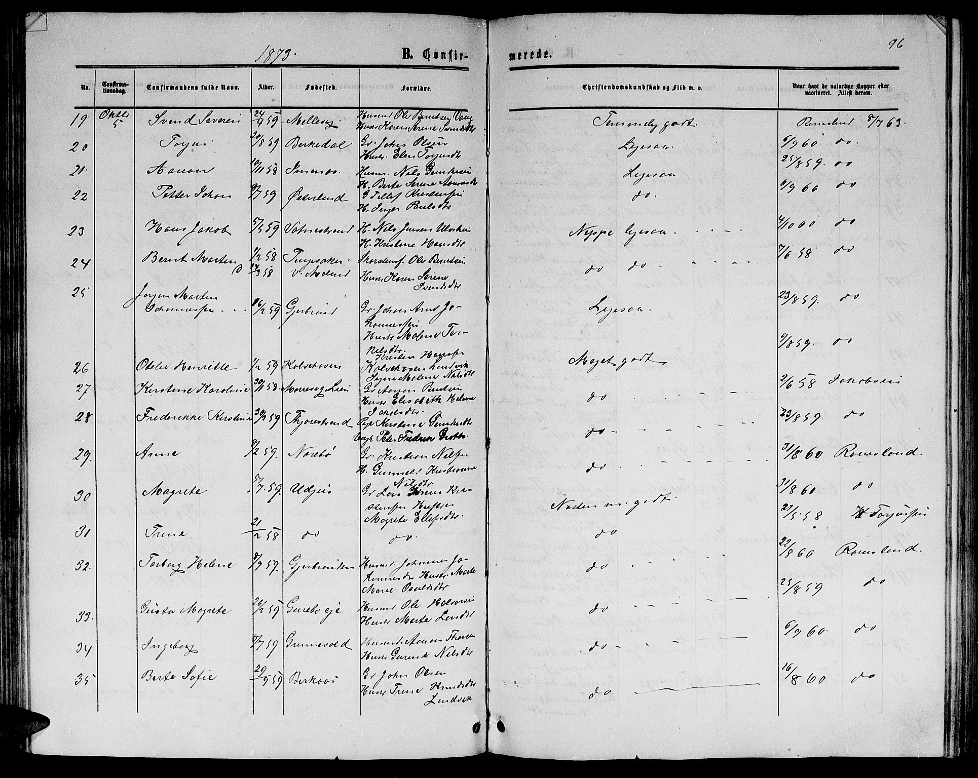 Hommedal sokneprestkontor, SAK/1111-0023/F/Fb/Fbb/L0006: Parish register (copy) no. B 6, 1869-1884, p. 96
