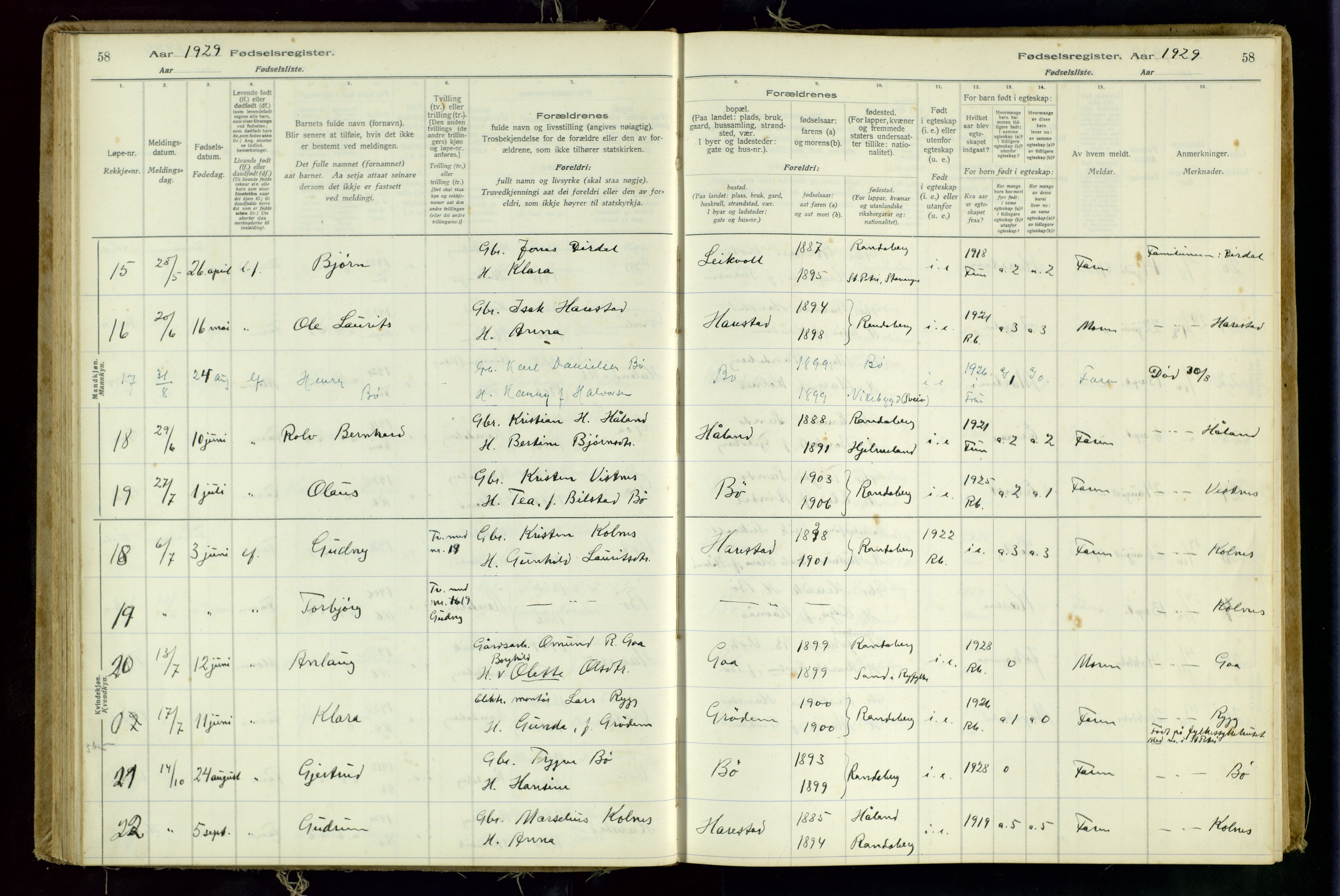 Hetland sokneprestkontor, AV/SAST-A-101826/70/704BA/L0001: Birth register no. 1, 1916-1954, p. 58