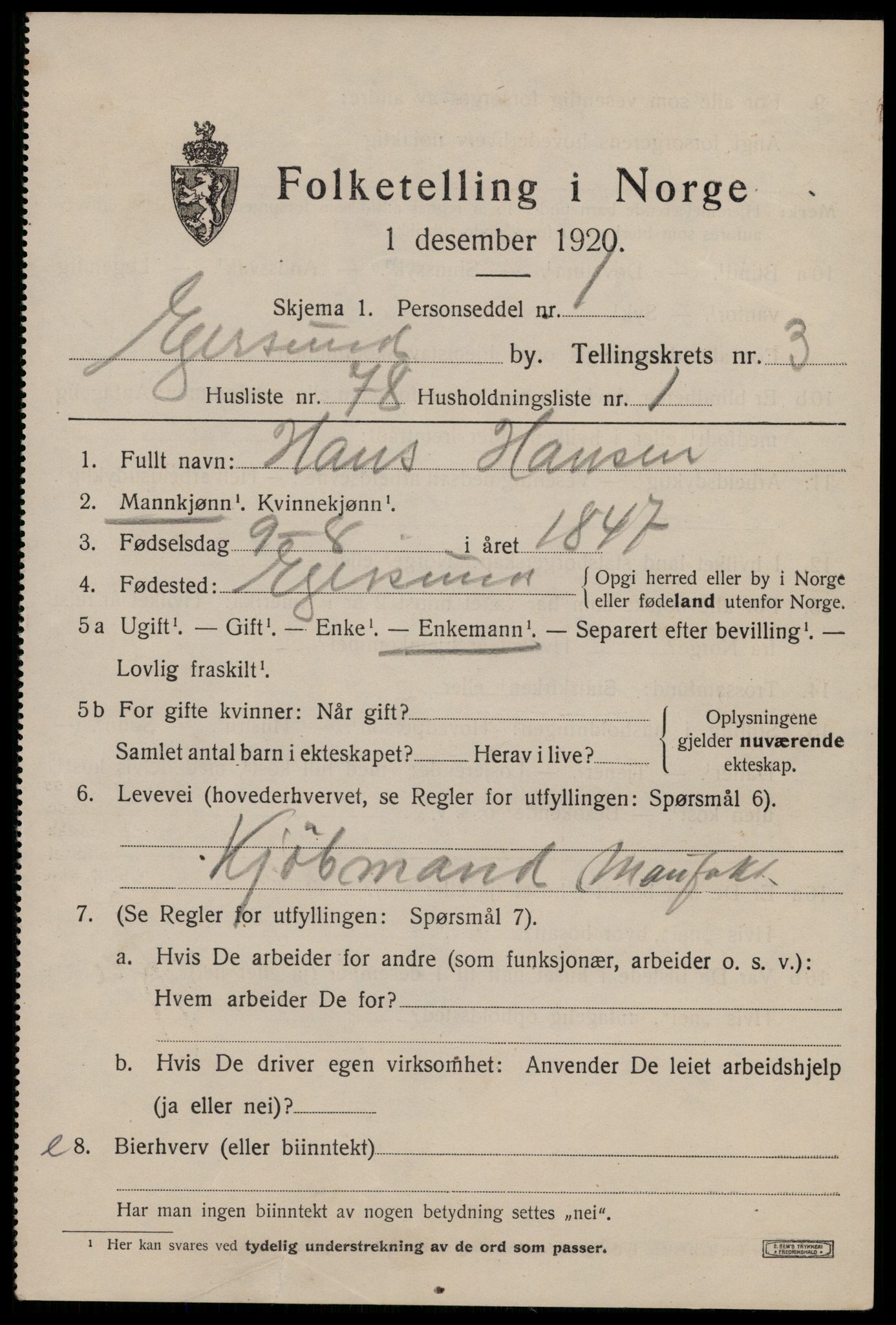SAST, 1920 census for Egersund town, 1920, p. 5990