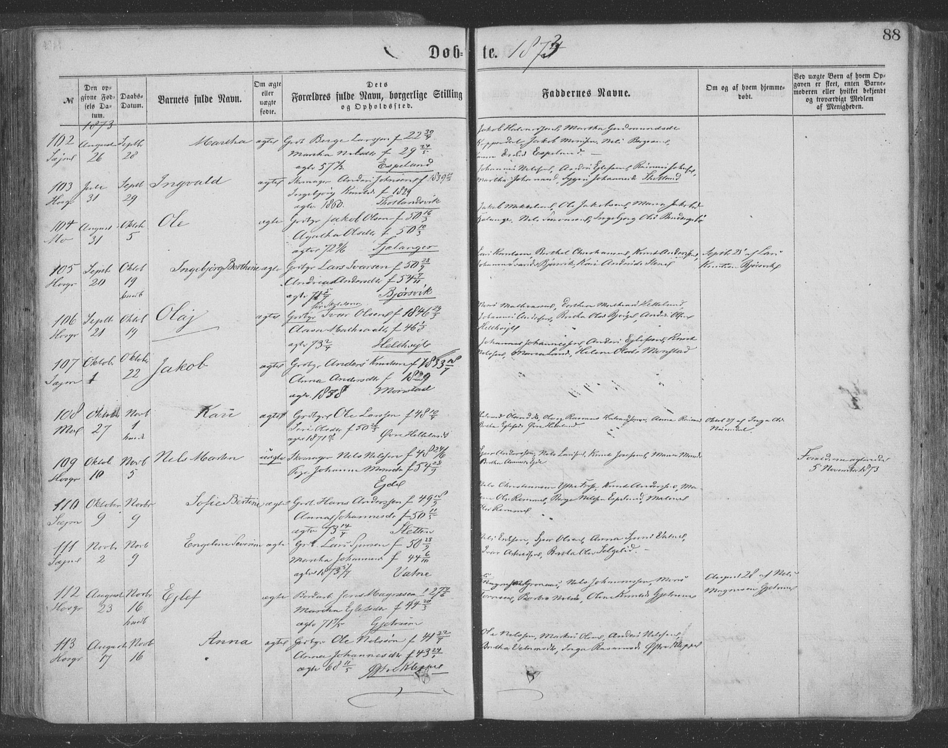 Hosanger sokneprestembete, AV/SAB-A-75801/H/Haa: Parish register (official) no. A 9, 1864-1876, p. 88