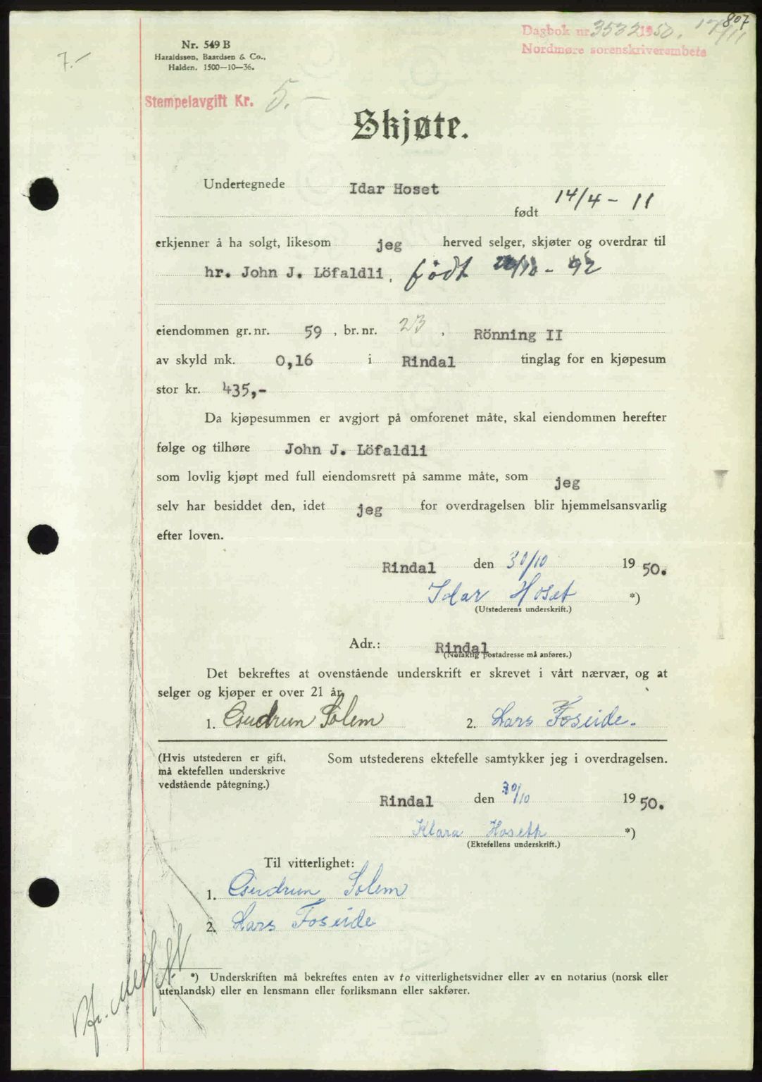 Nordmøre sorenskriveri, AV/SAT-A-4132/1/2/2Ca: Mortgage book no. A116, 1950-1950, Diary no: : 3532/1950