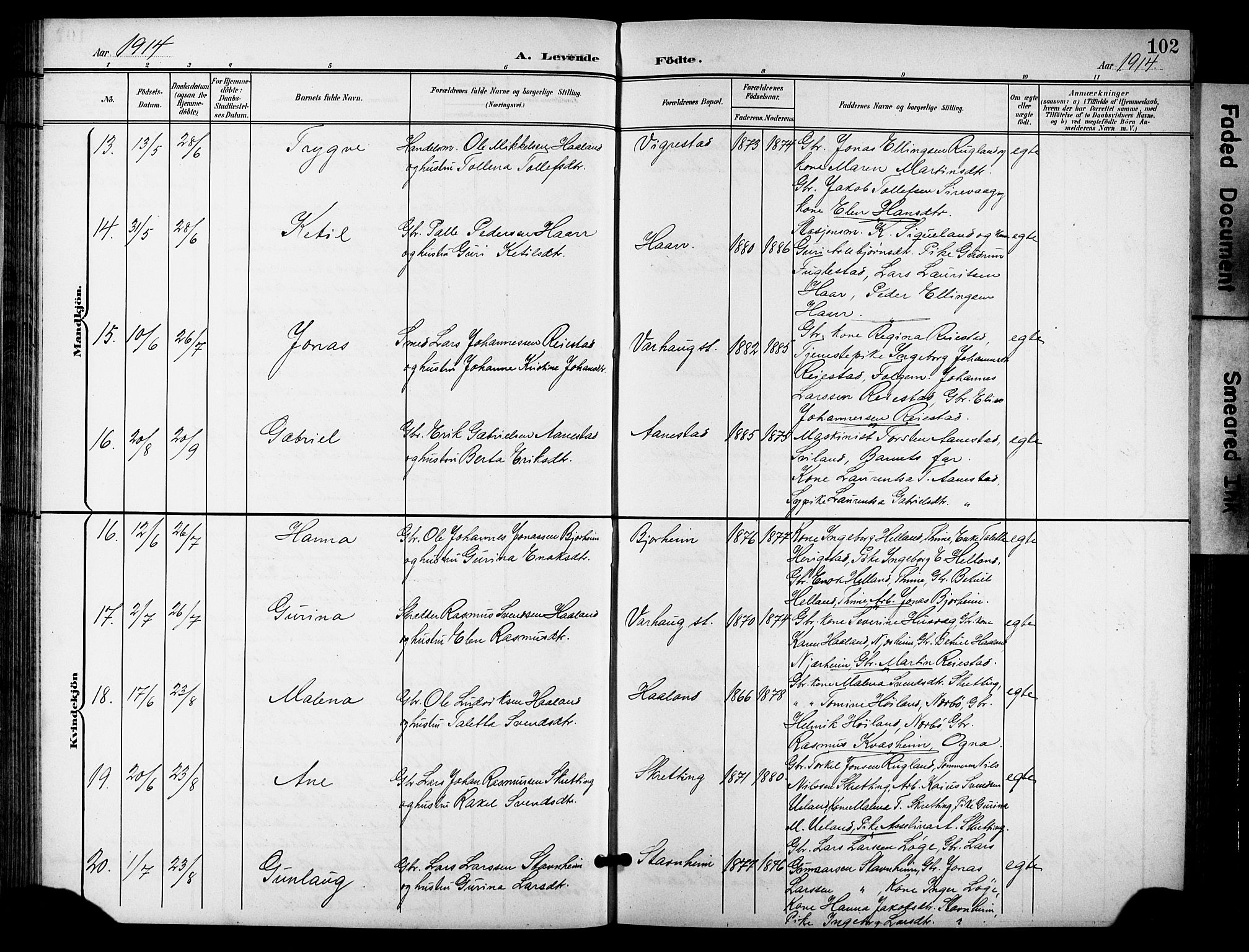 Hå sokneprestkontor, SAST/A-101801/001/30BB/L0006: Parish register (copy) no. B 6, 1900-1924, p. 102