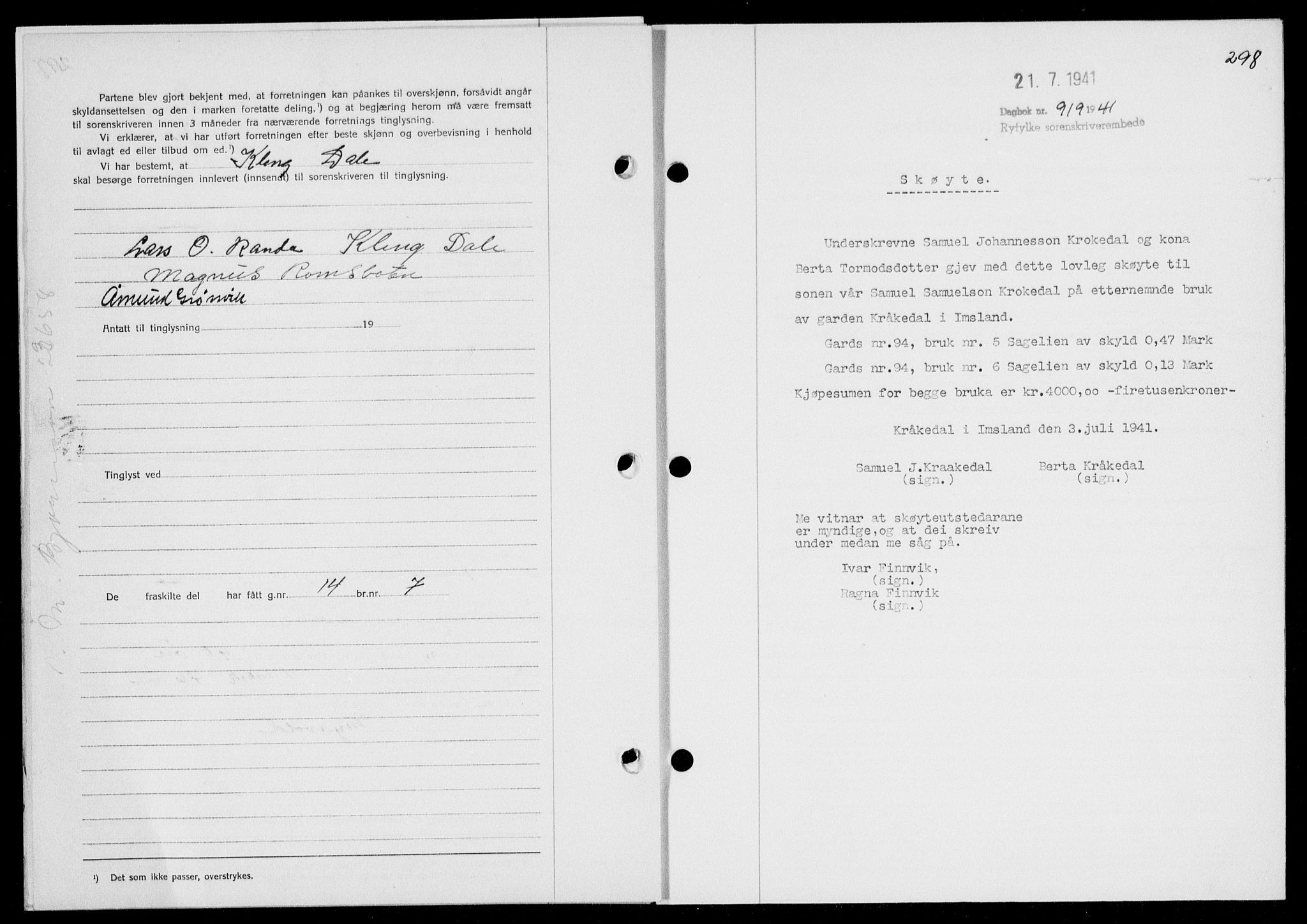 Ryfylke tingrett, SAST/A-100055/001/II/IIB/L0085: Mortgage book no. 64, 1941-1941, Diary no: : 919/1941