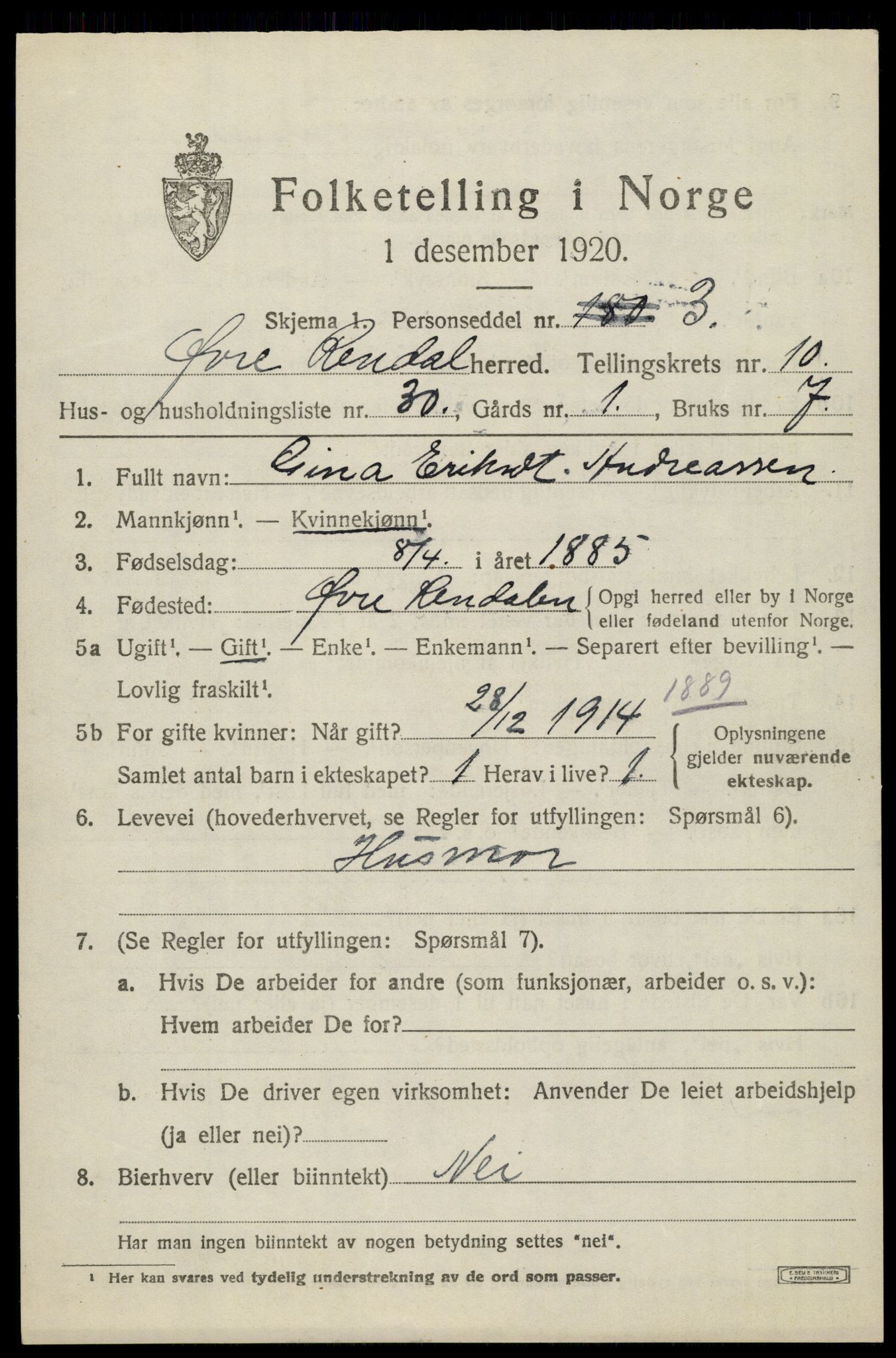 SAH, 1920 census for Øvre Rendal, 1920, p. 4271
