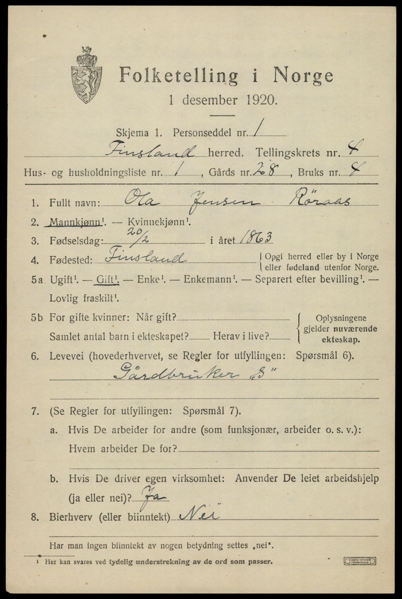 SAK, 1920 census for Finsland, 1920, p. 1602