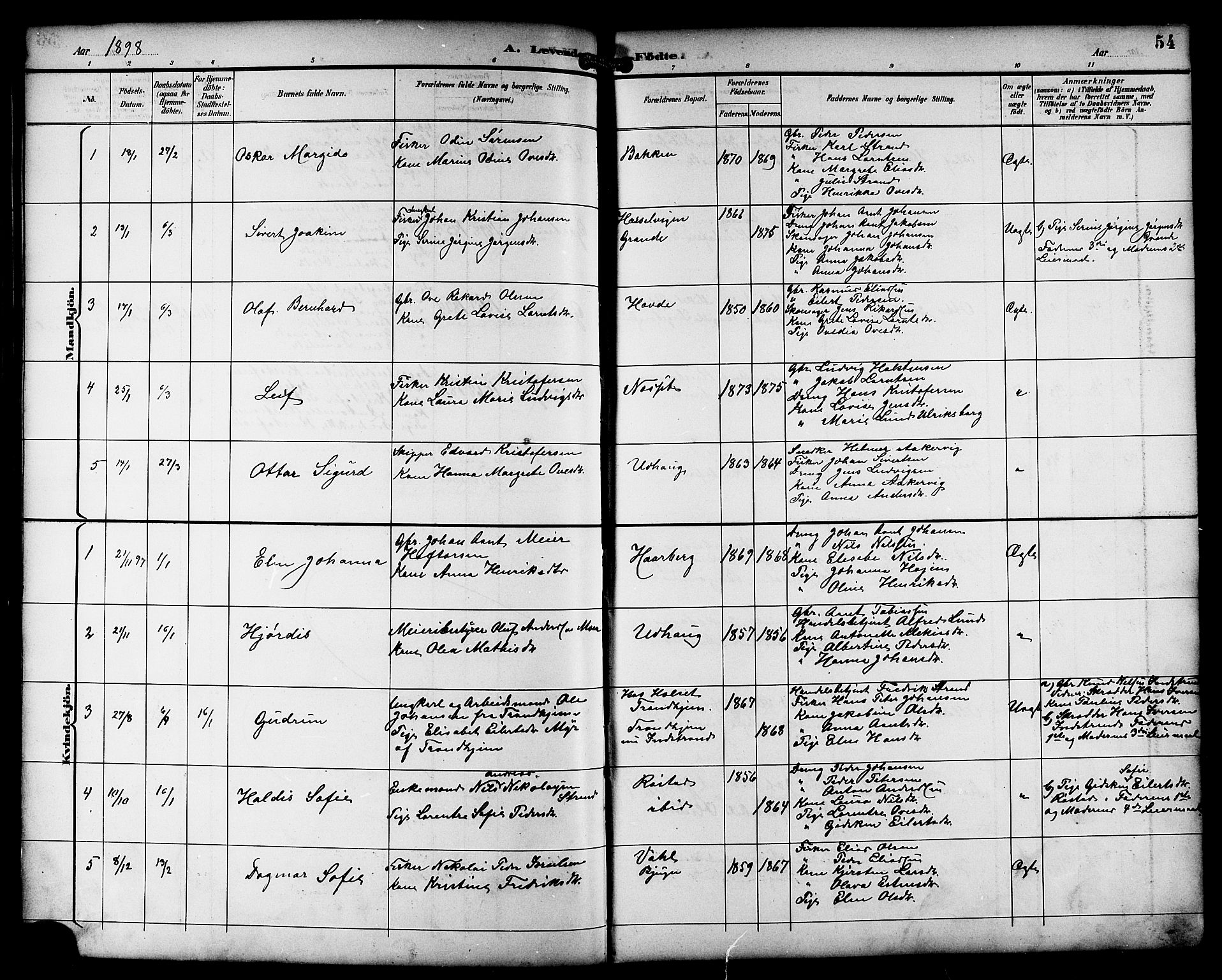 Ministerialprotokoller, klokkerbøker og fødselsregistre - Sør-Trøndelag, SAT/A-1456/659/L0746: Parish register (copy) no. 659C03, 1893-1912, p. 54