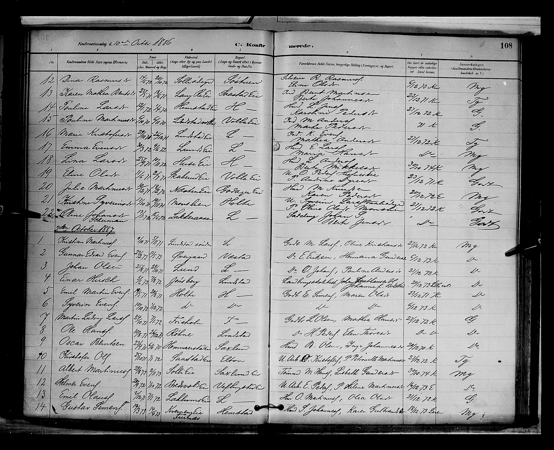 Stange prestekontor, AV/SAH-PREST-002/L/L0009: Parish register (copy) no. 9, 1883-1899, p. 108