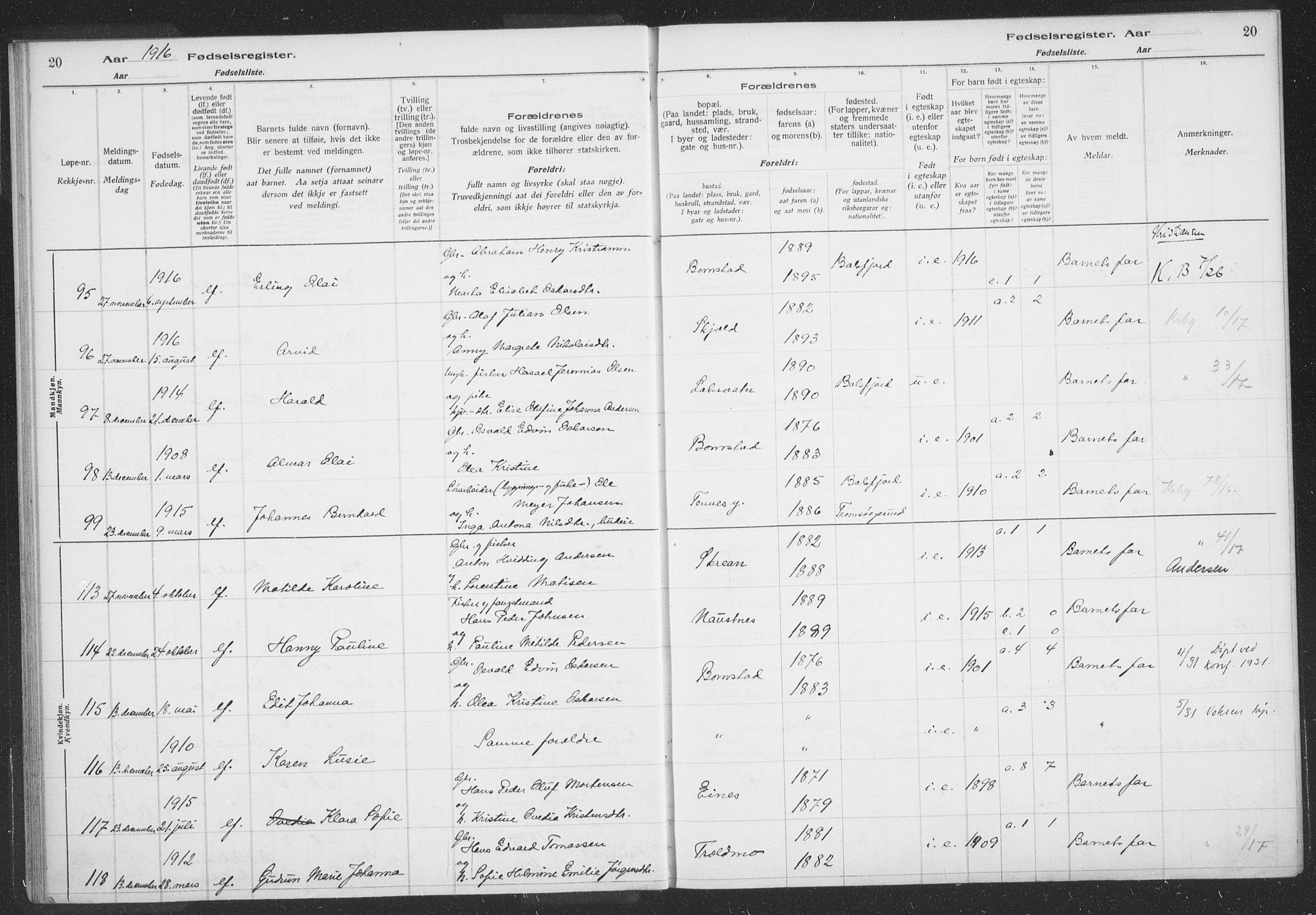 Balsfjord sokneprestembete, AV/SATØ-S-1303/H/Hb/L0059: Birth register no. 59, 1916-1930, p. 20