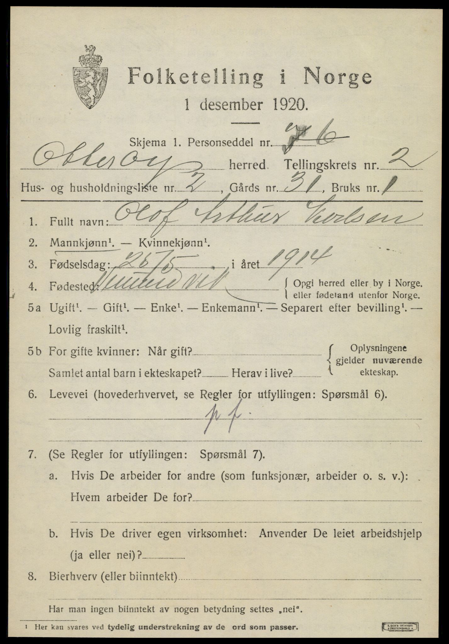 SAT, 1920 census for Otterøy, 1920, p. 1135