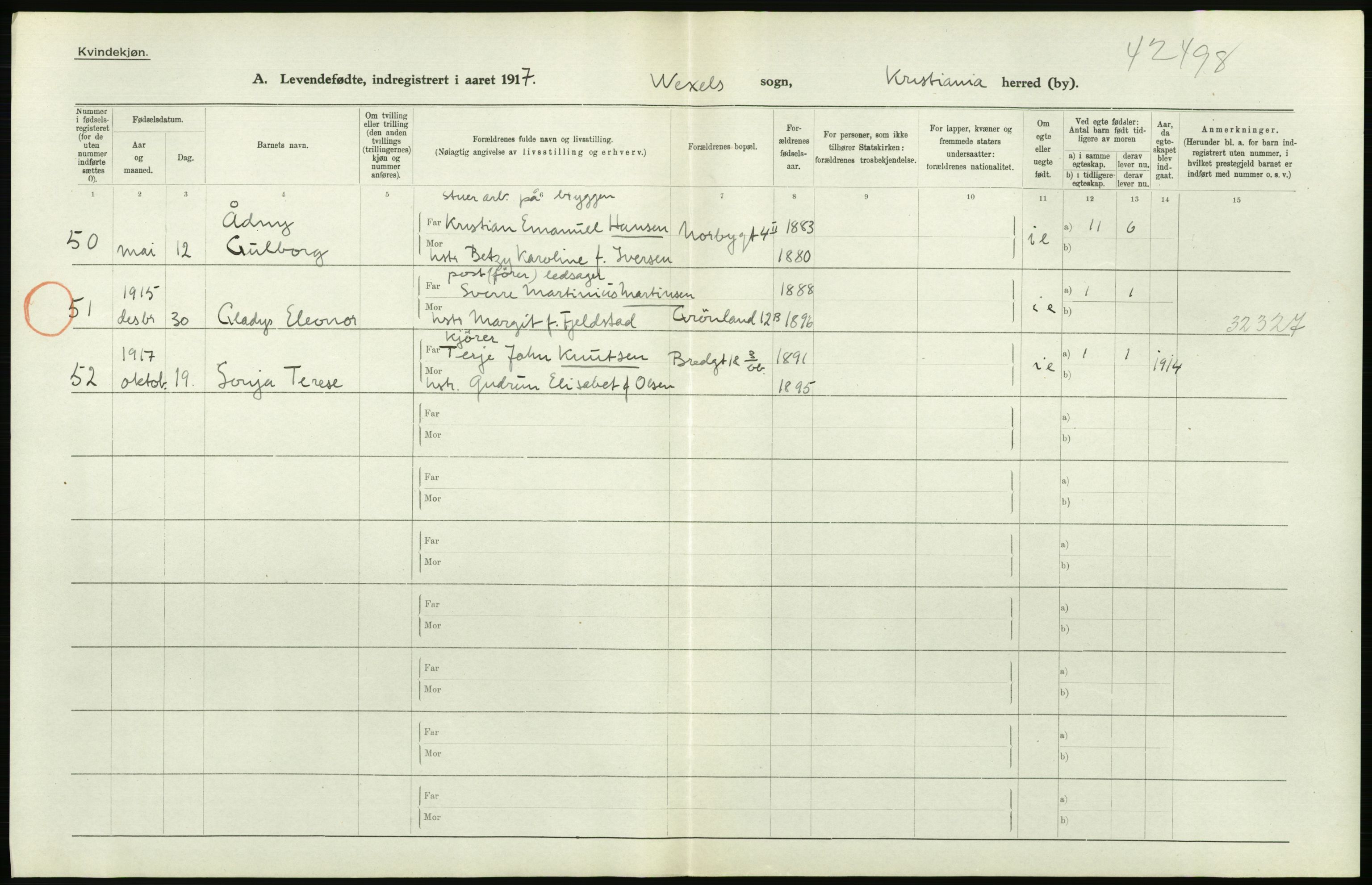 Statistisk sentralbyrå, Sosiodemografiske emner, Befolkning, RA/S-2228/D/Df/Dfb/Dfbg/L0006: Kristiania: Levendefødte menn og kvinner., 1917, p. 312