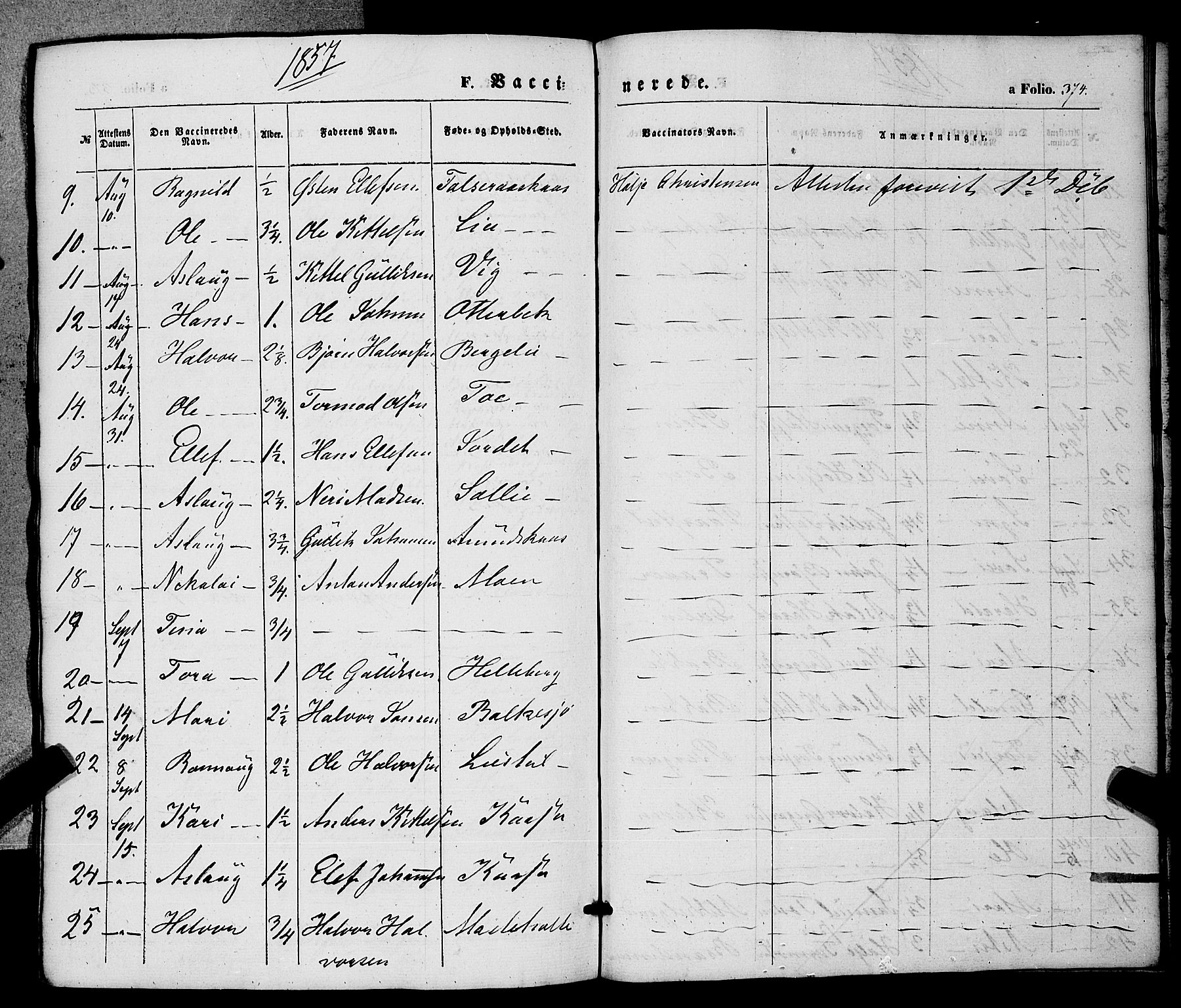 Hjartdal kirkebøker, SAKO/A-270/F/Fa/L0008: Parish register (official) no. I 8, 1844-1859, p. 374